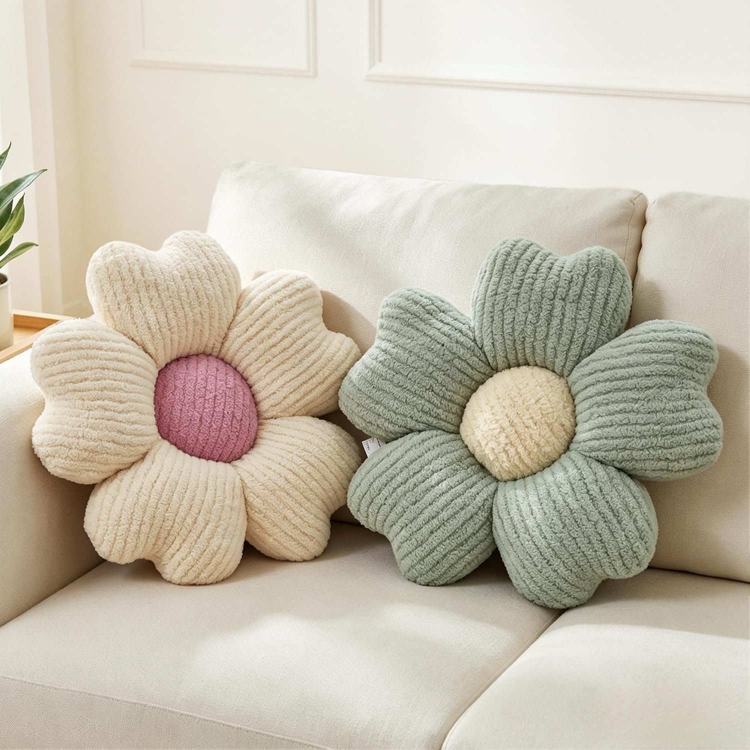 2Pcs Flower Pillow Cute Green Decorative Throw Pillows for Bed Couch | 15 Inch, Sage Green & Ivory, Soft and Comfortable, Small, Floor Seating Cushion,for Bed Bedroom Dorm Sofa Living Room Decor