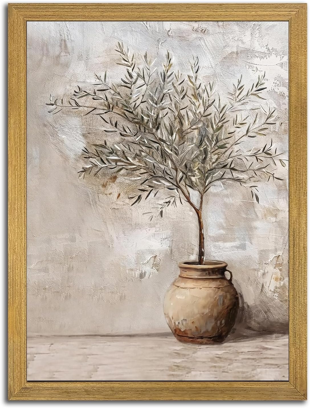 Vintage Olive Tree Canvas Wall Art, Farmhouse Aesthetic Oil Painting, Rustic Potted Plant Wall Decor, Neutral Botanical Print Artwork Picture for Living Room Kitchen Home Decor 12×16 Inch Framed