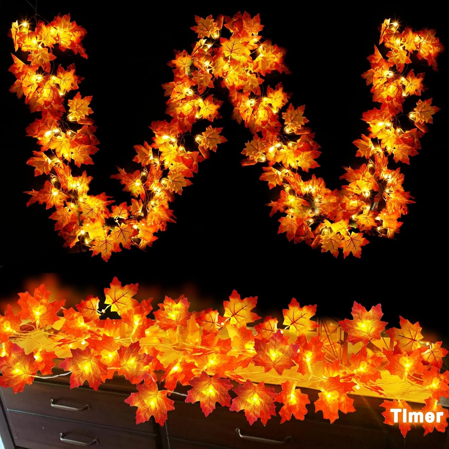 Timer – 2 Pack Fall Garland with Lights Fall Decorations for Home, Lighted Maples Leaves Garland Total 20Ft 40LED Fall Lights Battery Operated Halloween Thanksgiving Decor Indoor Outdoor Christmas