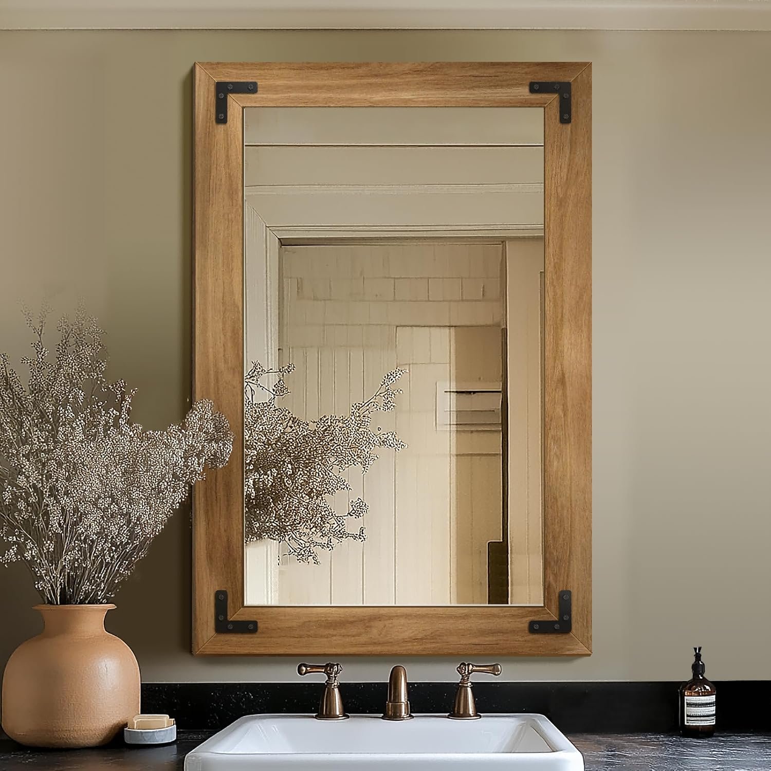 Bathroom Mirror for Wall with Wooden Frame, 36″x24″ Solid Wood Vanity Mirror for Farmhouse, Bathroom, Bedroom Decor, Vertical or Horizontal Hanging
