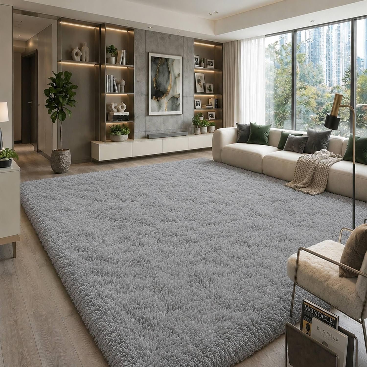 9×12 Ft Extra Large Grey Fluffy Area Rugs, Pet & Family Friendly Soft Faux Fur Shag Carpet with Non-Slip Backing, Easy Clean Modern Plush Decor for Oversized Living Room & Master Bedroom