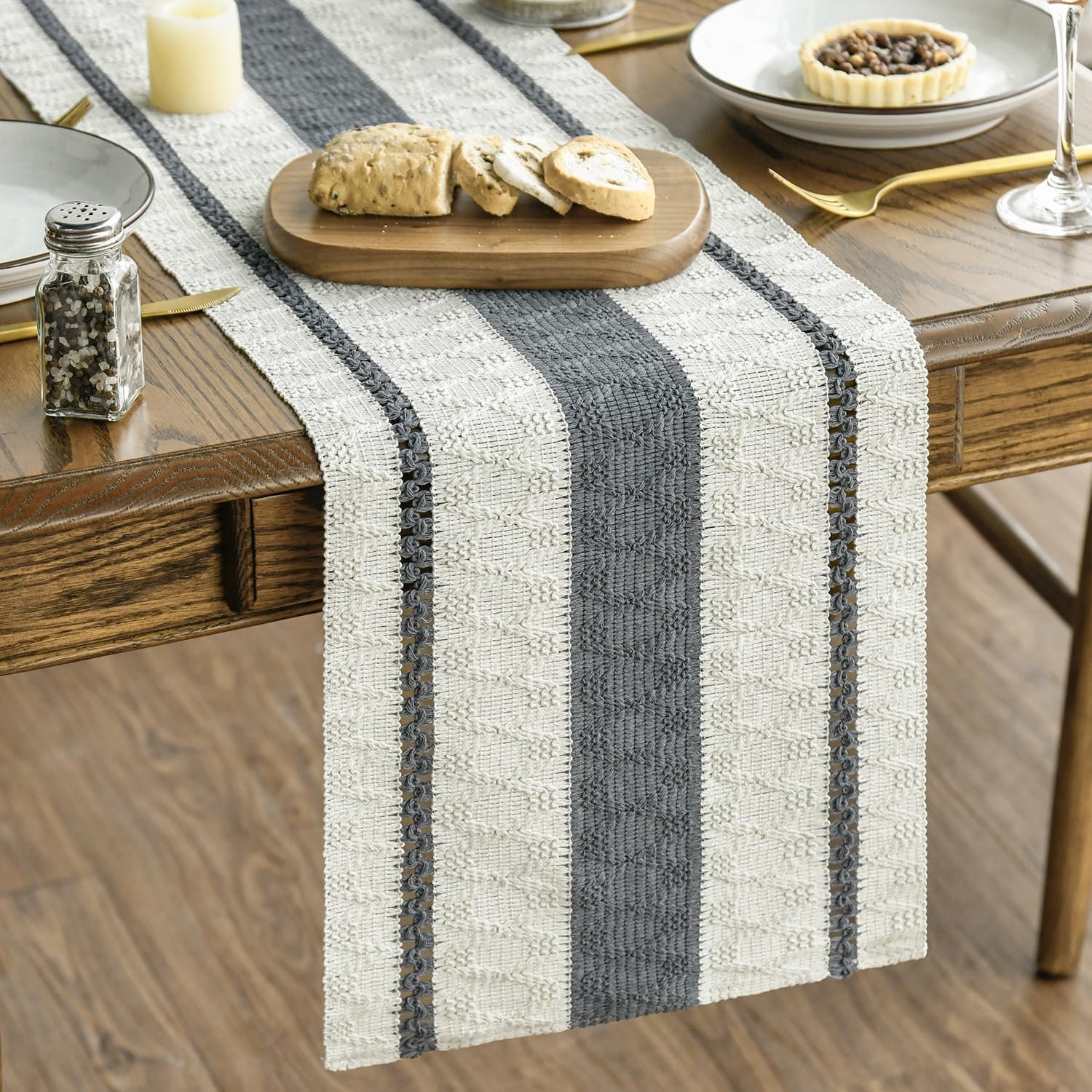 Artoid Mode Dark Grey Farmhouse Woven Rustic Table Runner, Seasonal Holiday Hollow Kitchen Dining Table Decoration for Home Party Decor 12×72 Inch