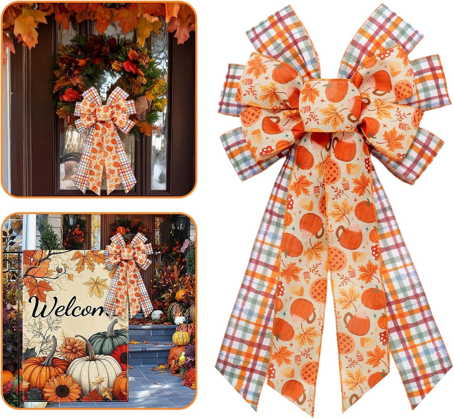 Large Fall Pumpkin Bow for Autumn Wreath, Fall Wreath Bow for Thanksgiving Front Door Indoor Outdoor Wall Tree Topper Party Home Decoration Hanging Ornament