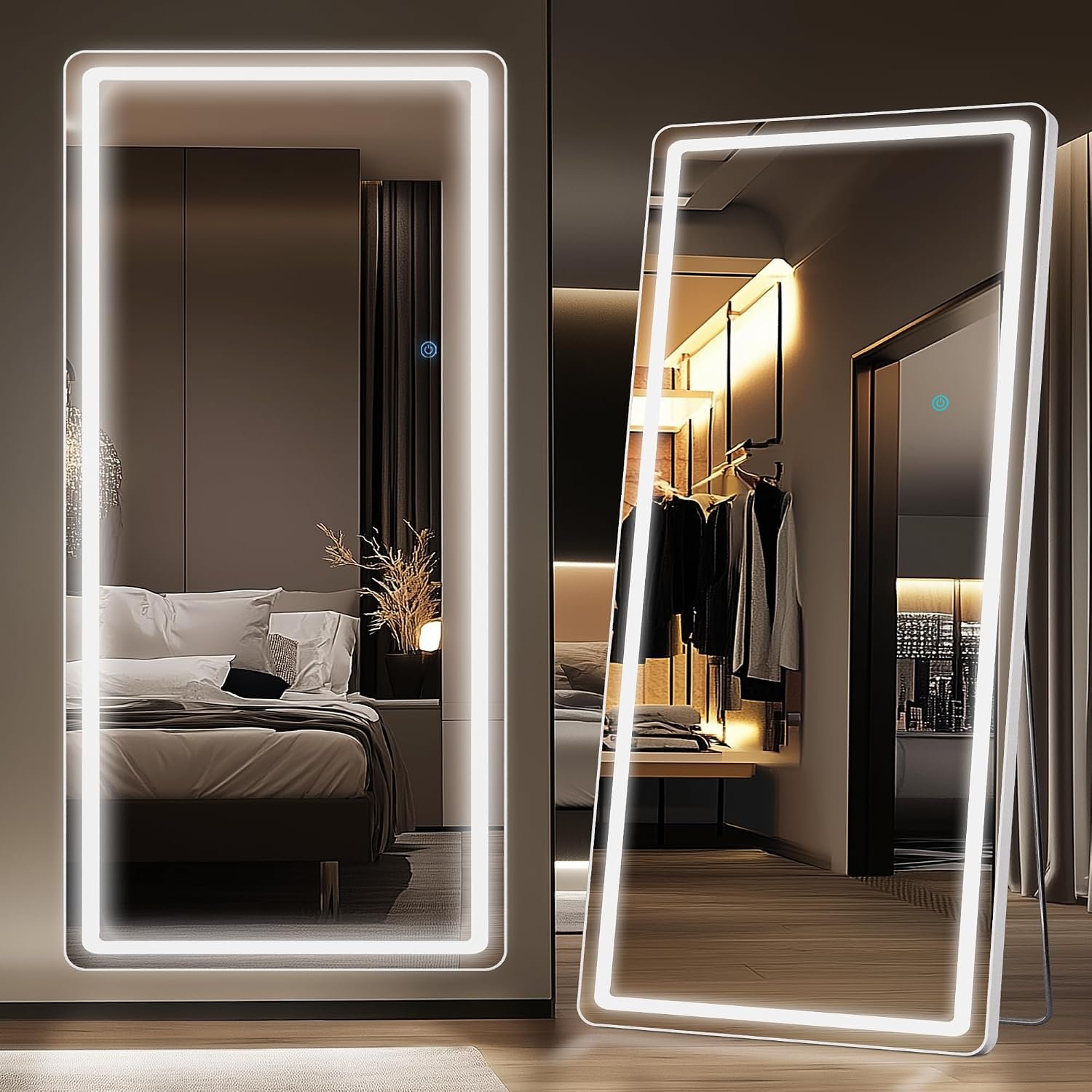 LED Full Length Mirror, 76″ x 34″ Rect Style, Floor Standing or Wall Hanging, Lighted, Aluminum Frame