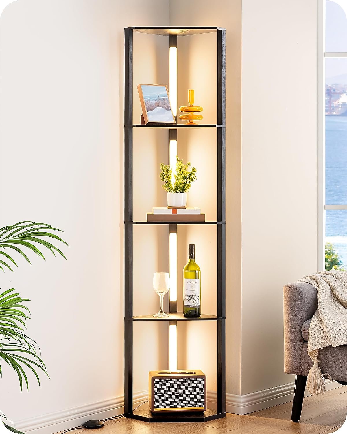 EDISHINE 64″ Corner Display Shelf with Light, Modern Corner Floor Lamp with Shelves, 3CCT, Stepless Dimmable Standing Lamp for Living Room, Bedroom, Office, Dining Room, 3000K 4000K 5000K, Black