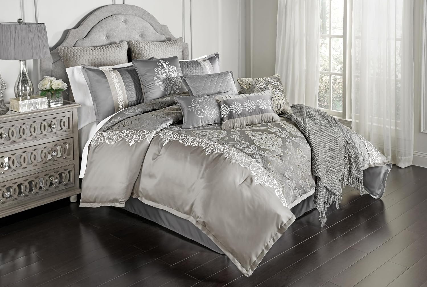 Riverbrook Home Kacee Comforter Bedding Set, King Size, Platinum Glam Décor, 12 Pieces