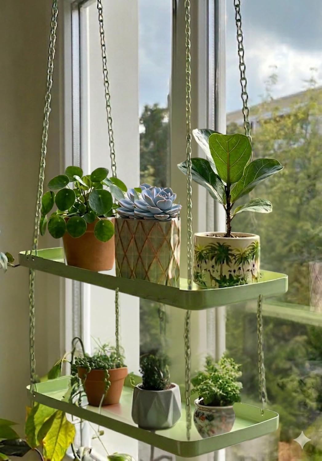 Shinehola Hanging Planters for Indoor Outdoor Plants (Length – 15.5″), Plant Hanger Indoor | Large Metal Hanging Plant Holder, 2-Tier Hanging Planter Shelf, No Plant/Pot Included (Green, 2-Tier)