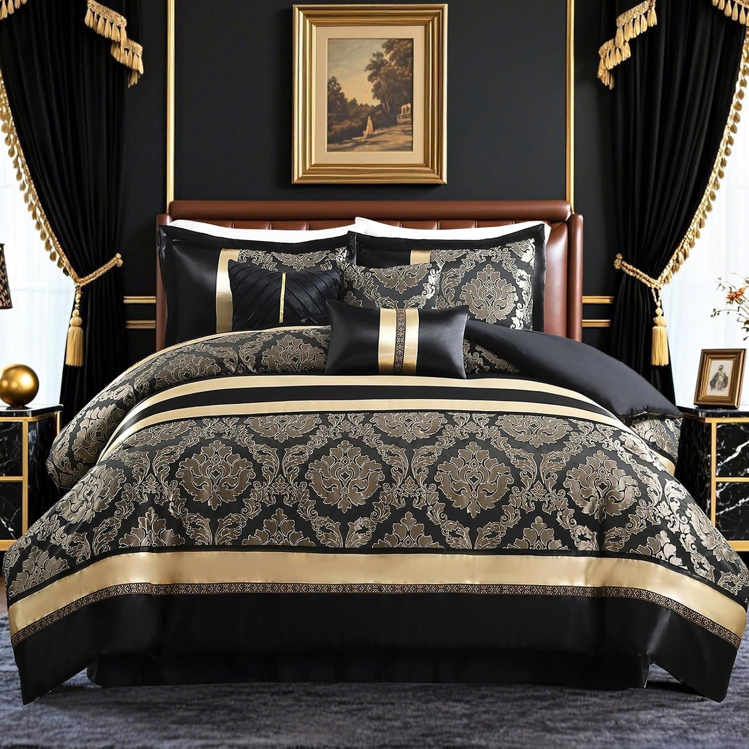 PANGUSHAN 7 Pieces Comforter Set Queen Size, Luxury Silky Elegant Jacquard Fluffy Reversible Bedding Set with Bed Skirt, Shams and Pillows, Bed in a Bag Queen, Down Alternative, Black/Gold
