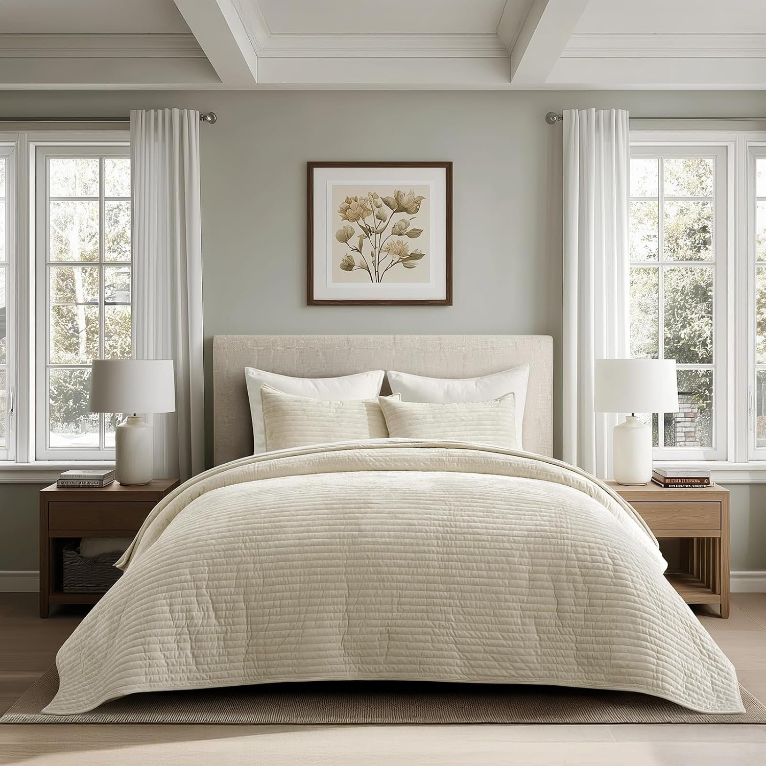 EverGrace Velvet Quilt Set California King 118” x 106”, Luxurious Soft Striped Channel Bedding Set, Lightweight Velvet Comforter for All Season, Oversized Bedspread Coverlet w/ 2 Shams, Beige
