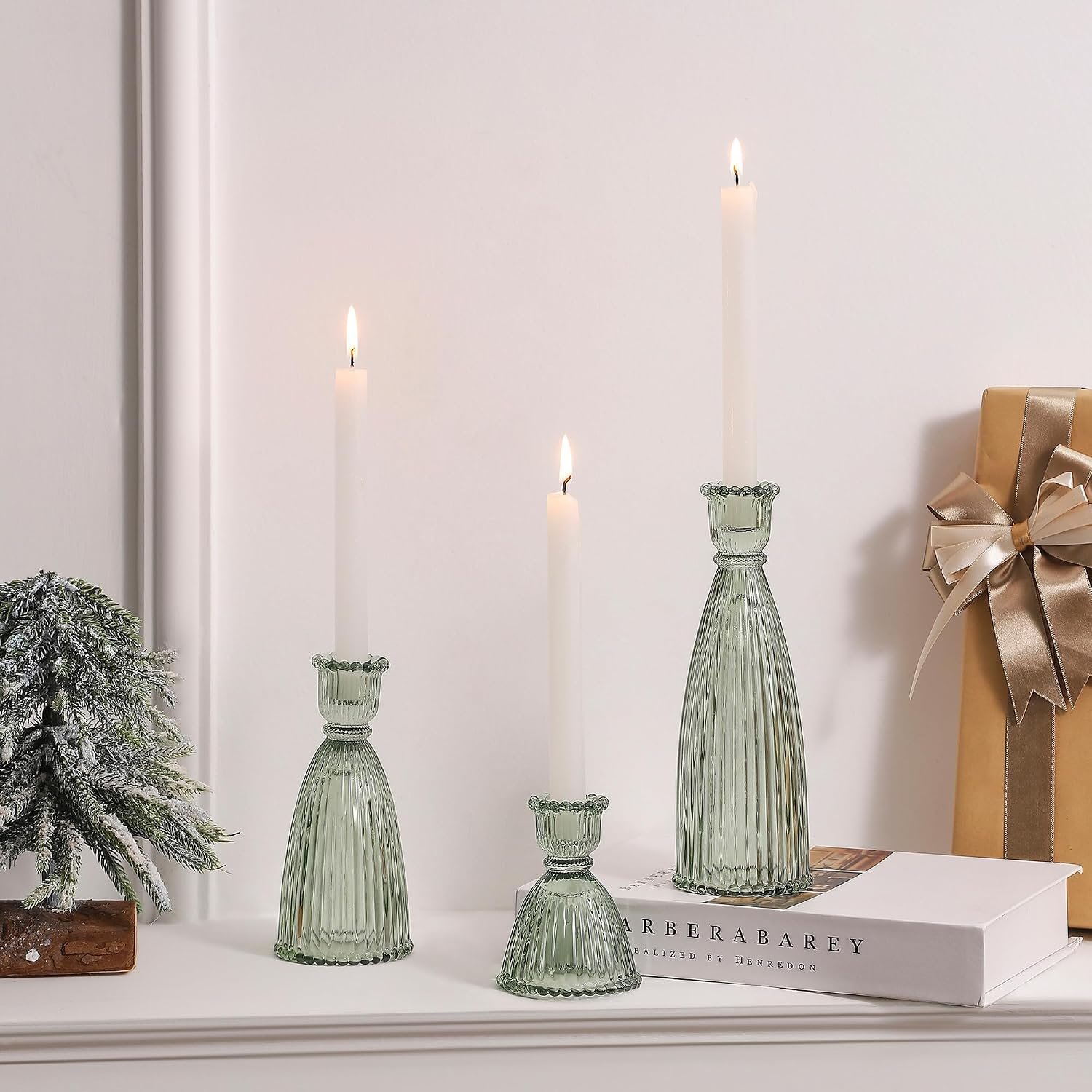 Vertical Stripe Candlestick Holders Set of 3, Premium Glass Candle Holders for Candlesticks and Taper Candles, Vintage Candle Holder Decor for Table Centerpiece, Green