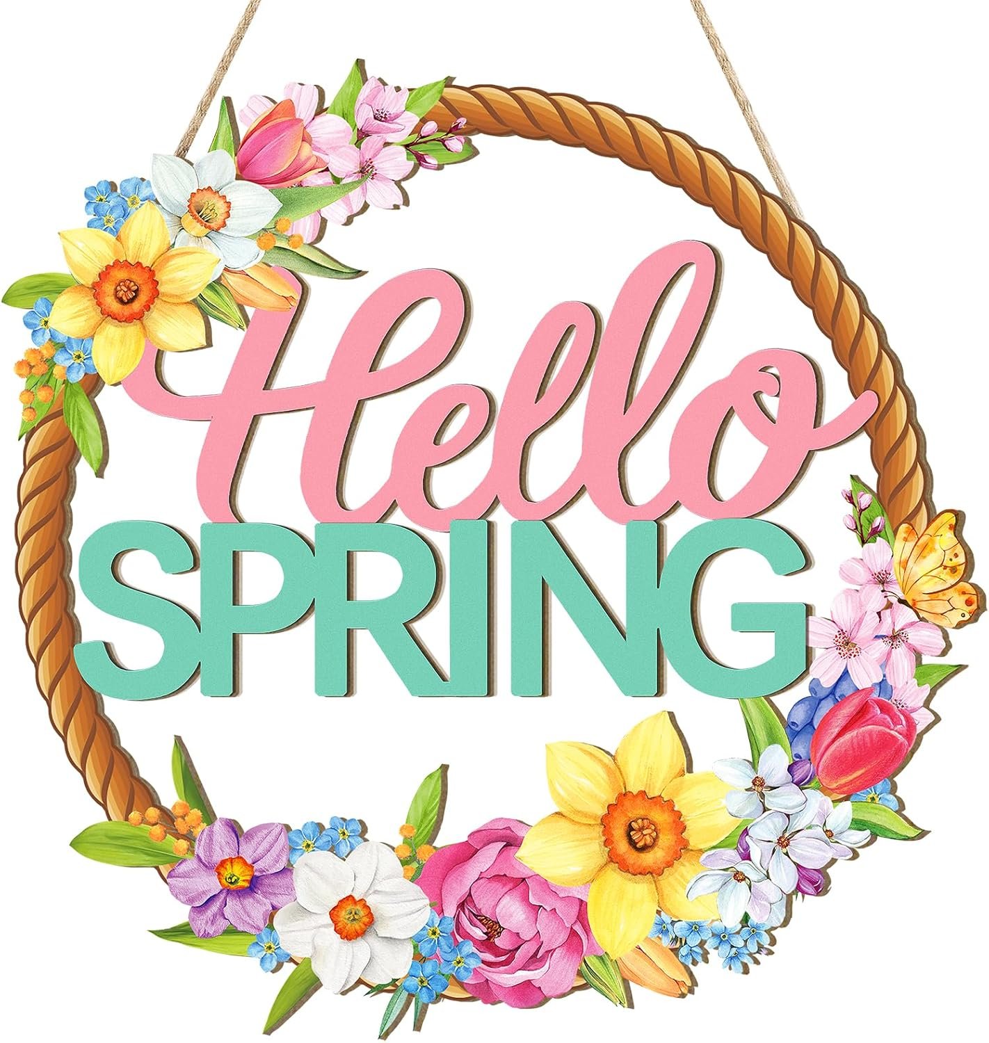 Sophena Wooden Spring Decoration Door Wreath for Front Door Sign Wall Signs, Hollow Flower Wreath Sign Hello Spring Welcome Hanging for Home Wall Decor Party Outdoor indoor Supply Easter Decoration