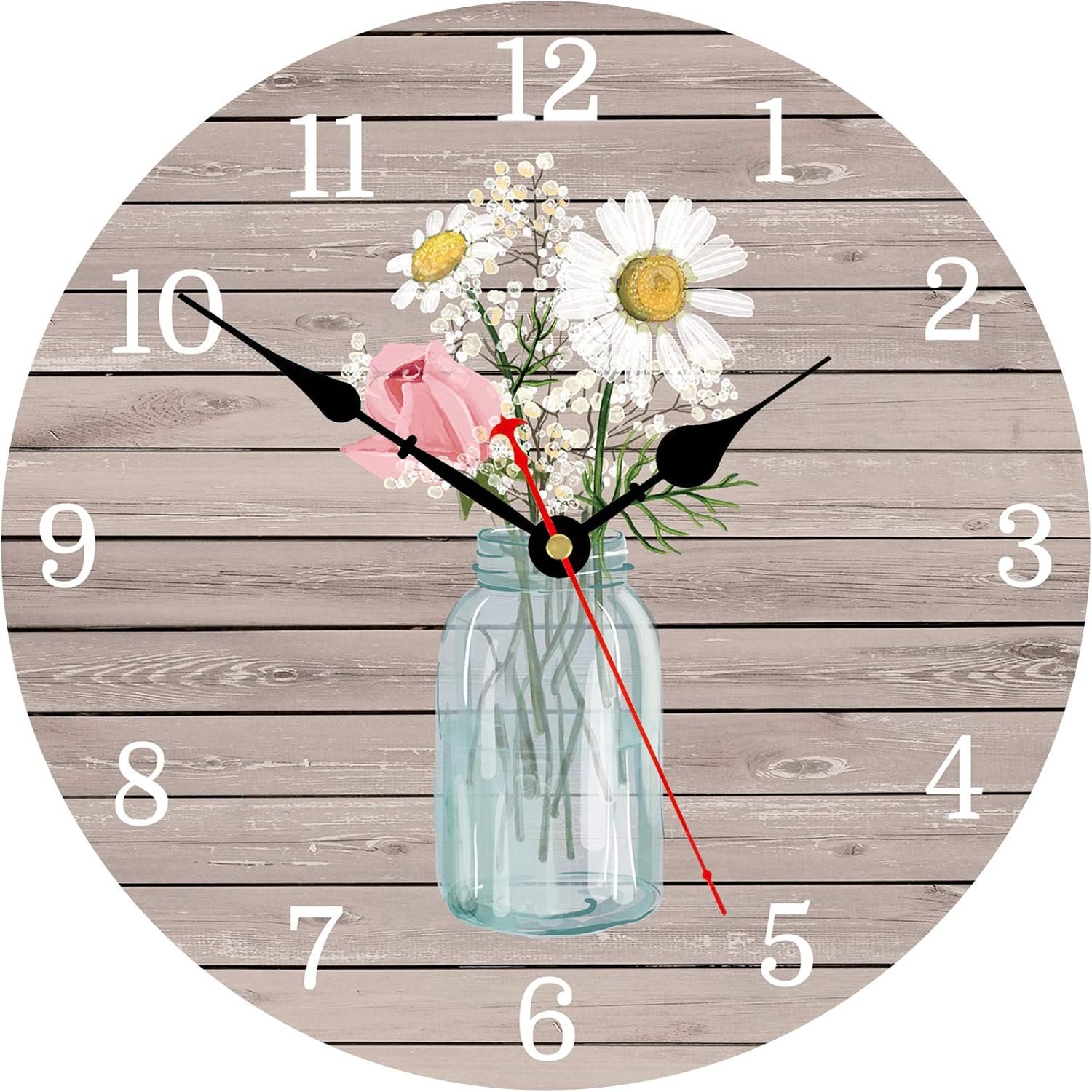 Kitchen Wall Clock 8 Inch Battery Operated Vintage Round Wooden Wall Clocks Classic Flowers in Glass Bottle Style Pattern Art Decor Silent Wall Clock for Home Office Decoration