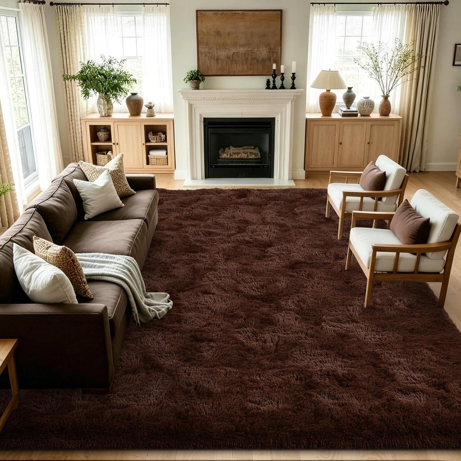 10×14 Extra Large Brown Area Rug for Living Room Bedroom Dining Room, Fluffy Shag Soft Plush Furry Carpet Solid Color, Non-Slip Indoor Floor Mat for Kids Home Decor