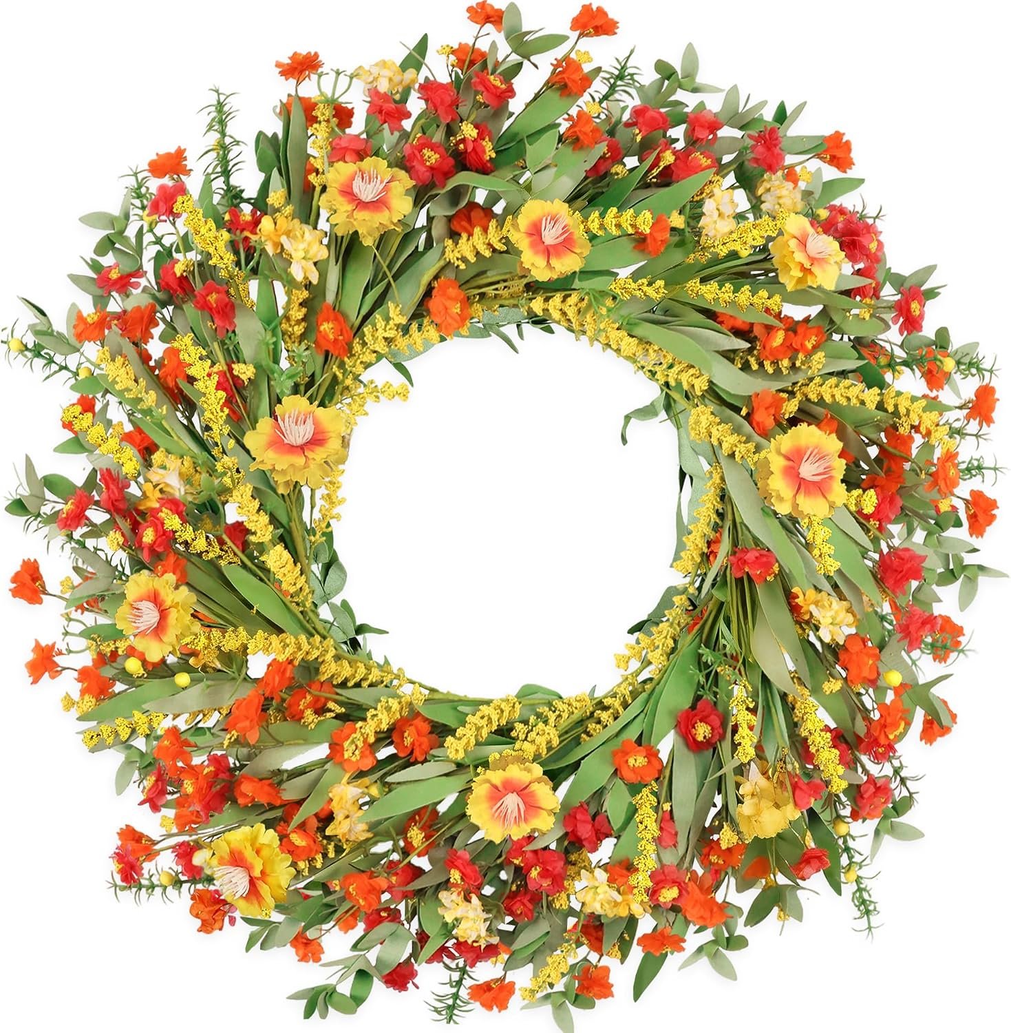 26″ Floral Wreath, Artificial Spring Wreaths for Front Door, with Wildflower Portulaca Flowers, Indoor Outdoor Porch Window Wall Home Decor for Valentine’s Day Easter, Summer & Wedding Orange