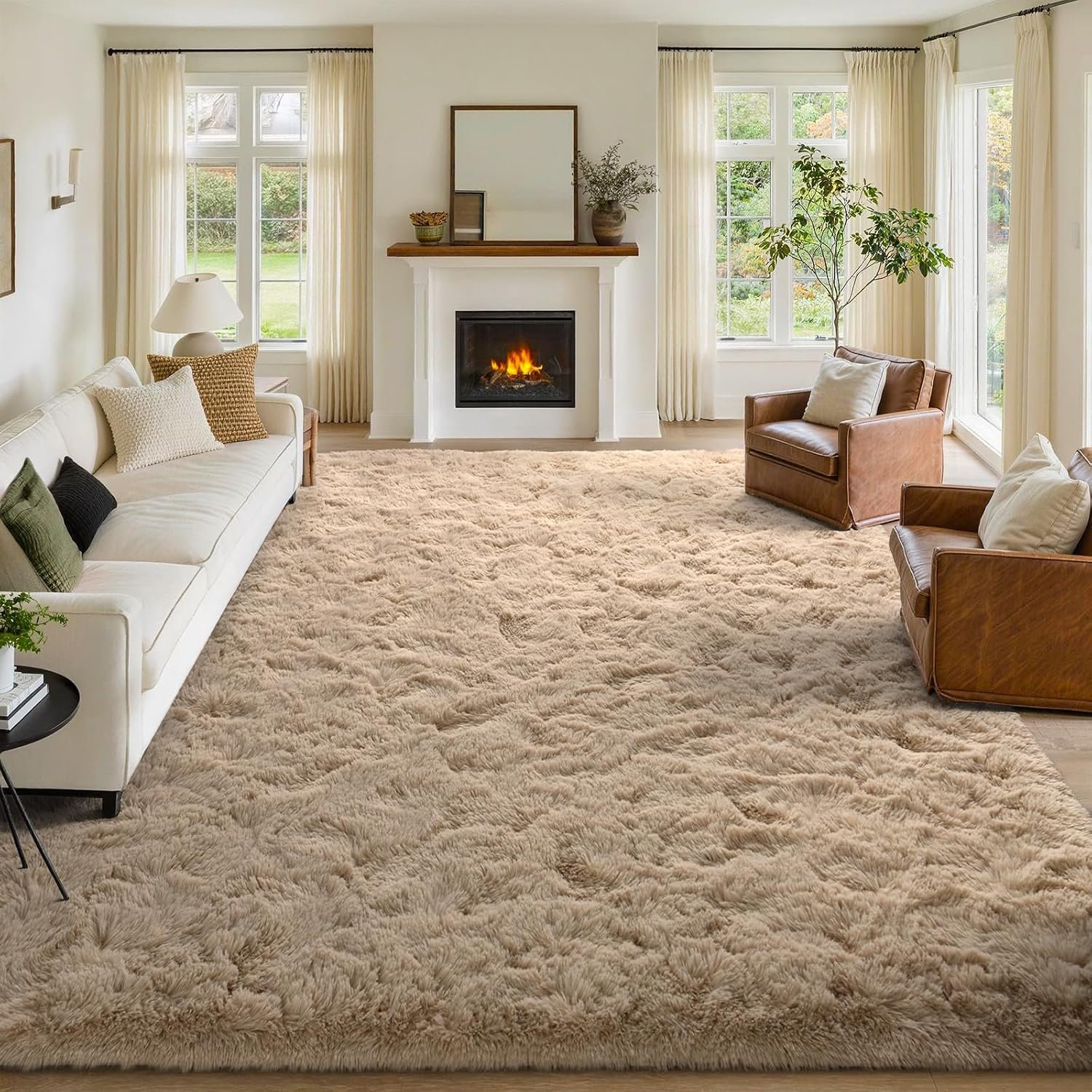 FinRèc 9×12 Feet Tan Rugs for Living Room Bedroom, Fluffy Plush Area Rug, Non-Slip High Pile Shaggy Rug for Kids Room Dorm Room Home Decor, Indoor Solid Shag Floor Carpet