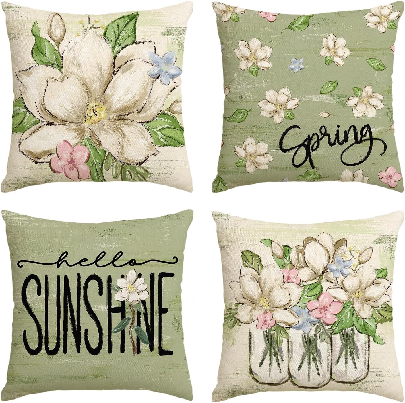 AVOIN colorlife Spring Mangnolia Green Throw Pillow Covers, 18 x 18 Inch Hello Sunshine Vases Cushion Case Decoration for Sofa Couch Set of 4
