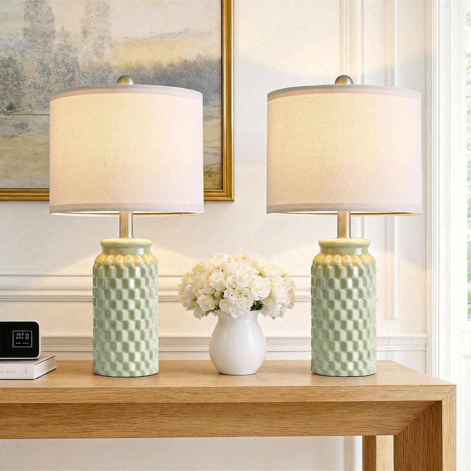 20.5″ Small Bedside Lamps Set of 2 with 5FT Cord, Green Ceramic Modern Farmhouse Table Lamps for Nightstand, Living Room, Bedroom, 3D Honeycomb Stylish End Table Lamps(Bulb Not Included)