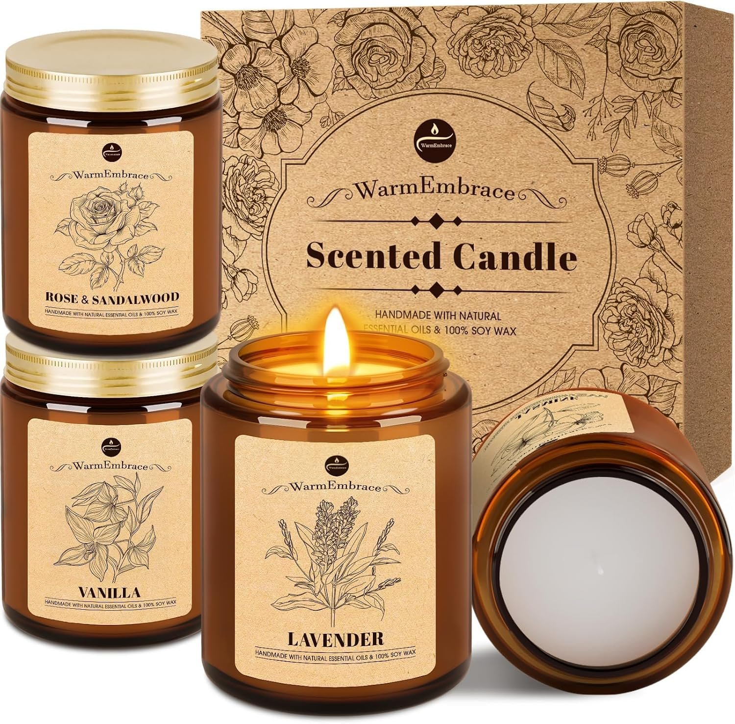 WarmEmbrace Lavender Candles, 4-Pack Scented Candle Set for Women, 7.6 oz Natural Organic Soy Wax in Glass Jar, 160 Hours Long-Lasting Burn, Perfect for Mother’s Day, Birthday Gifting (4 Fragrance)