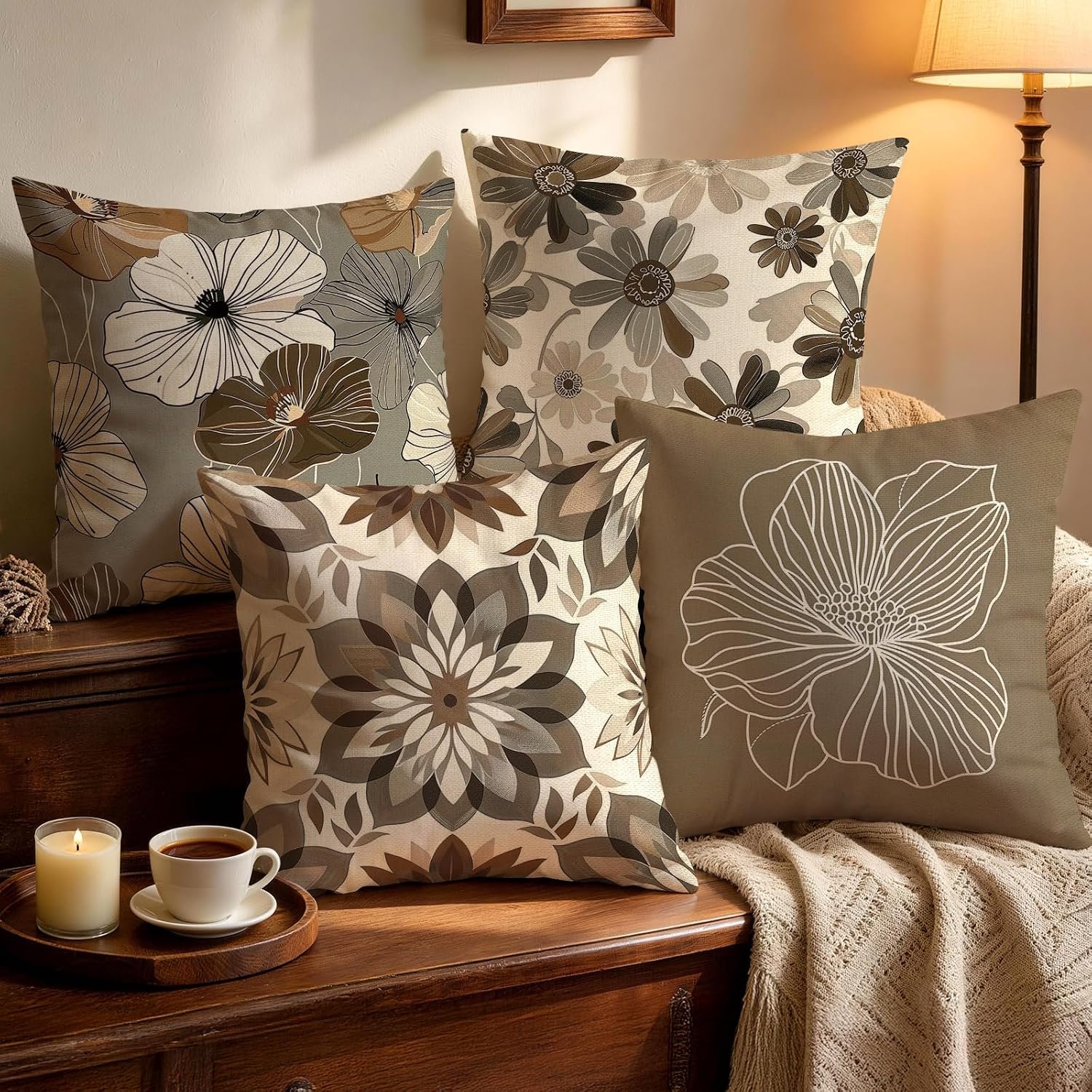 OBSEDE Neutral Boho Floral Throw Pillow Covers 18×18 Set of 4, Farmhouse Decor for Home Couch Sofa Living Room, Rustic Floral Decorative Cushion Cases