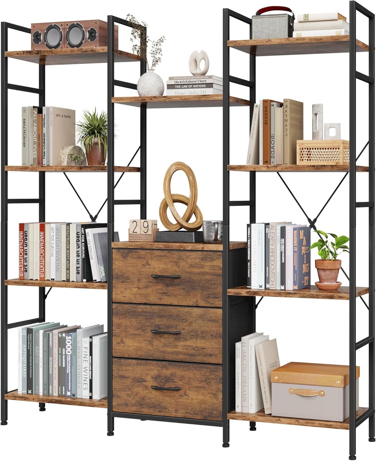 AFLUI Triple Bookshelf with 3 Fabric Drawers, 4-Tier Book Shelf and 10 Display Shelves, Industrial Large Bookcase for Home & Office, Rustic Brown, 47” Wide