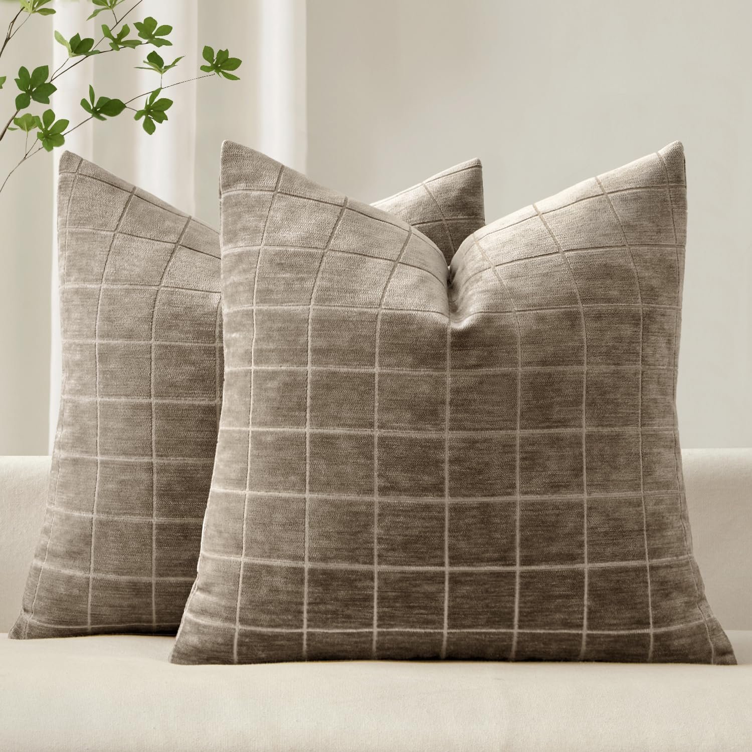 MIULEE Taupe Grey Plaid Decorative Fall Throw Pillow Covers 20×20 Set of 2 | Vintage Check Chenille Couch Pillows Boho Farmhouse Cushion Covers Modern Fall Home Decor for Sofa Bed Living Room