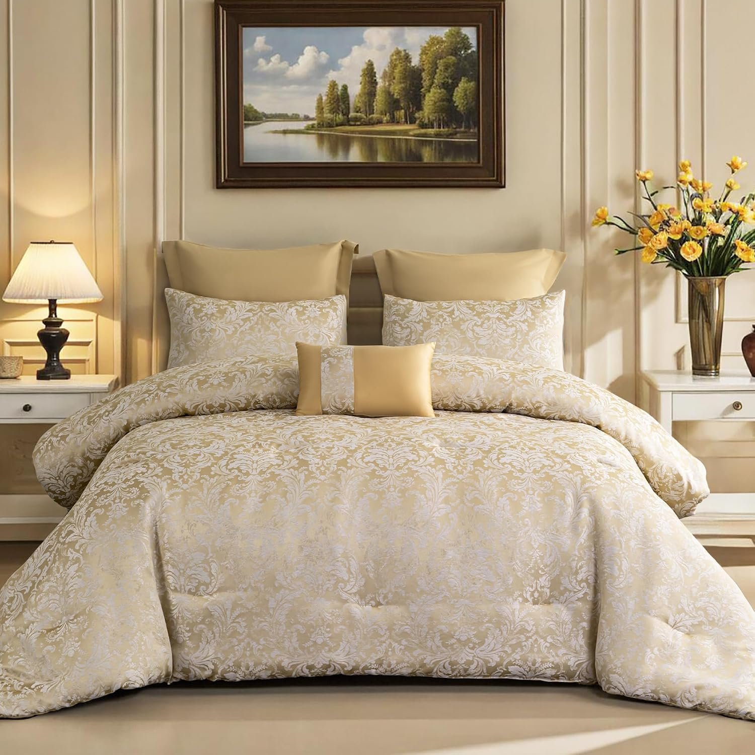 ALPHA HOME Queen Size Jacquard Bedding Comforter Set – All Season Luxurious Elegance With Cushion (1 Comforter, 2 Pillow Shams, 2 Euro Shams)