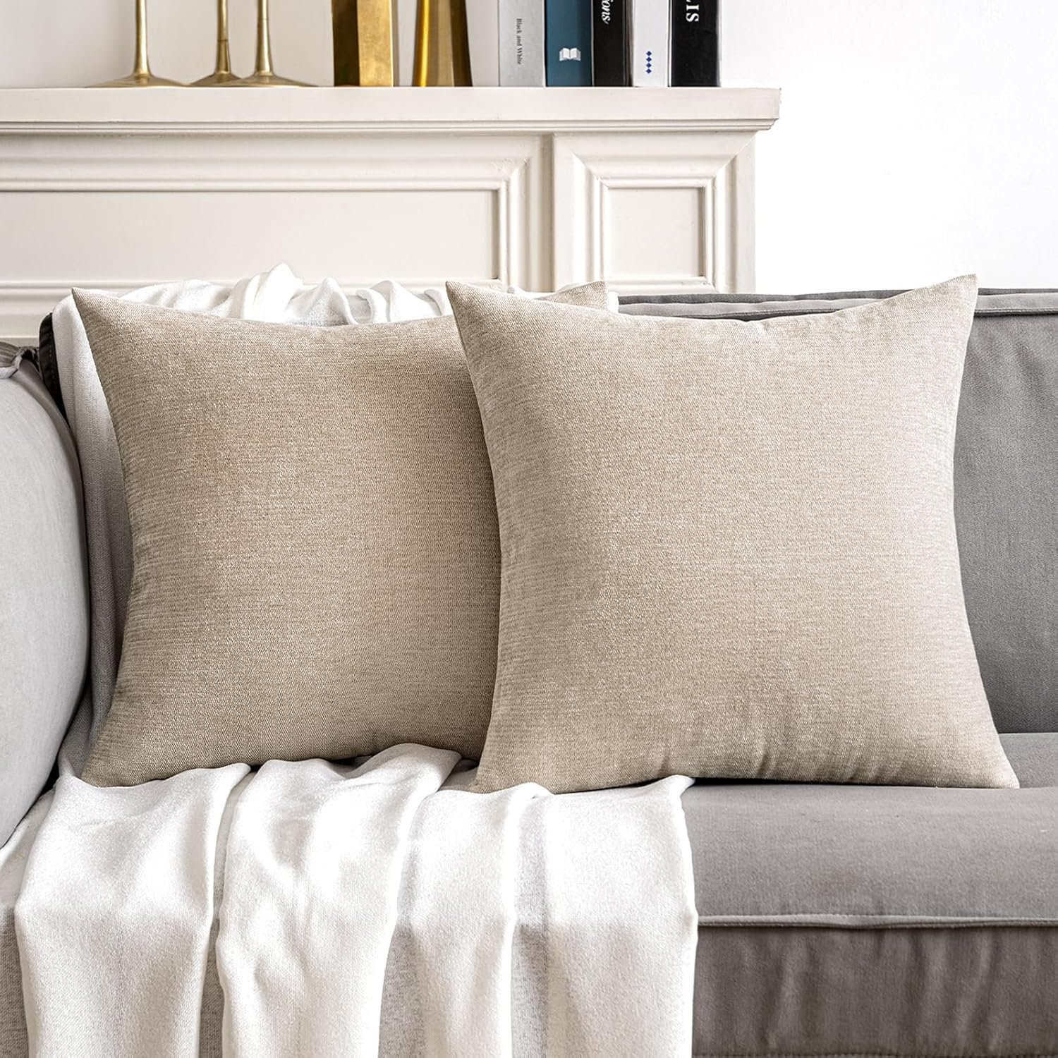 MIULEE Pack of 2 Beige Decorative Pillow Covers 18×18 Inch | Soft Chenille Couch Throw Pillows Farmhouse Cushion Covers for Home Decor Sofa Bedroom Living Room