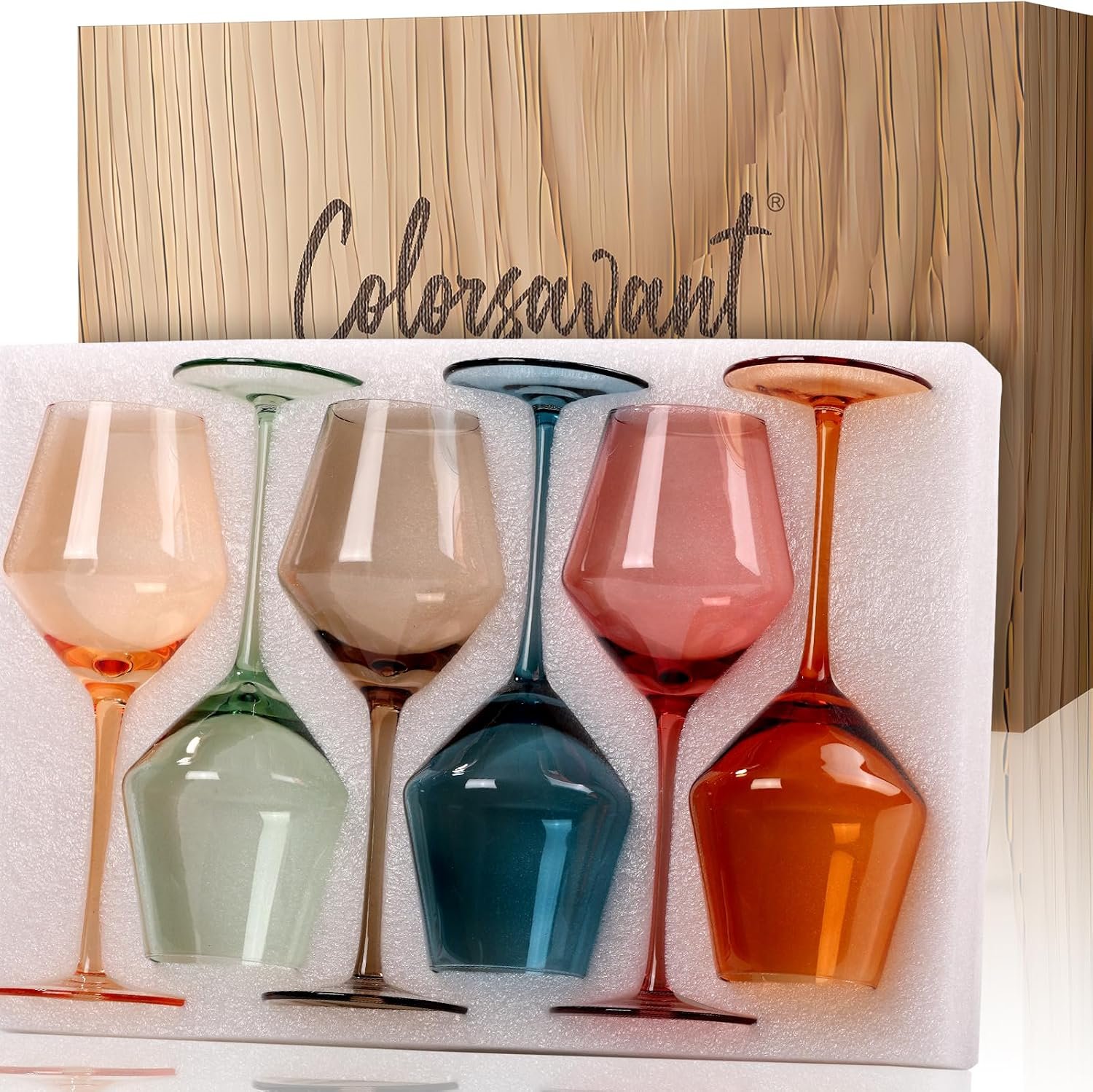 Colored Wine Glasses Set of 6 | 16OZ Colorful Wine Glass with Stem【HandBlown】Muted Wine Glasses Colored Set,Wine Gifts for Home Party
