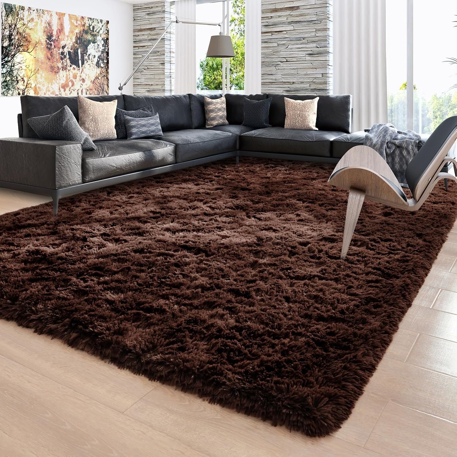 Ompaa 9×12 Area Rug Brown Large Living Room Fluffy Carpet for Bedroom Dorm, Non-Slip High Pile, Coffee Modern Big Shag Rug for Classroom Kids Playroom Nursery Home Office Decor