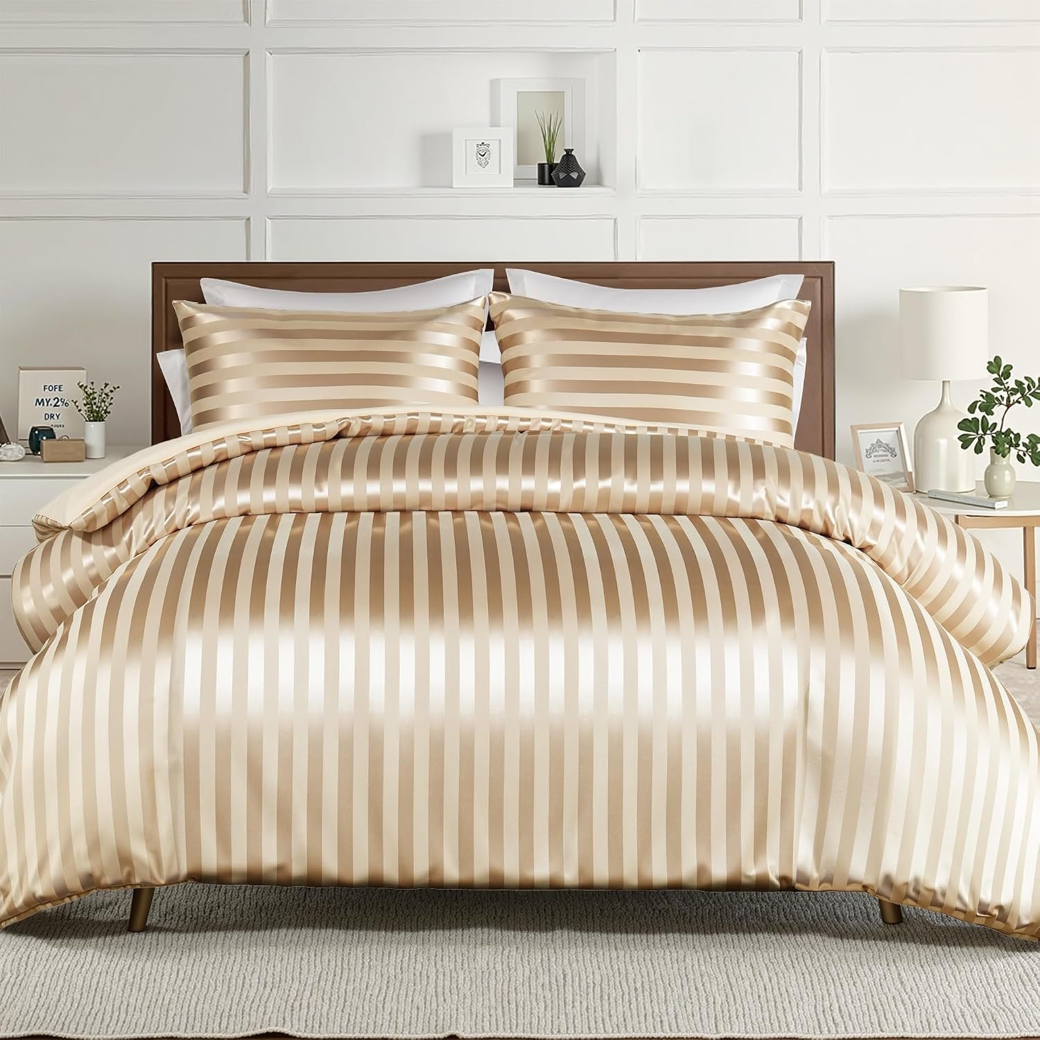 Whale Flotilla 3-Piece Reversible Silky Soft Queen Comforter Set, Luxury Stripe Satin Comforters Full Size Bedding Set with 2 Satin Pillowcases, Lightweight Duvet for All Seasons, Champagne