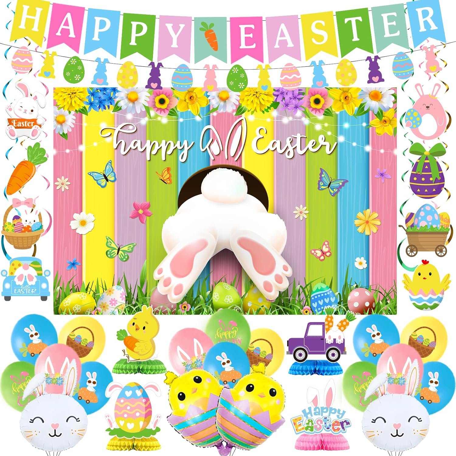 Easter Decorations for Home Happy Easter Banner Buuny Backdrop Chick Balloons Eggs Hanging Swirls Bunny Honeycombs Table Centerpieces Decorations for Office School Easter Ornaments