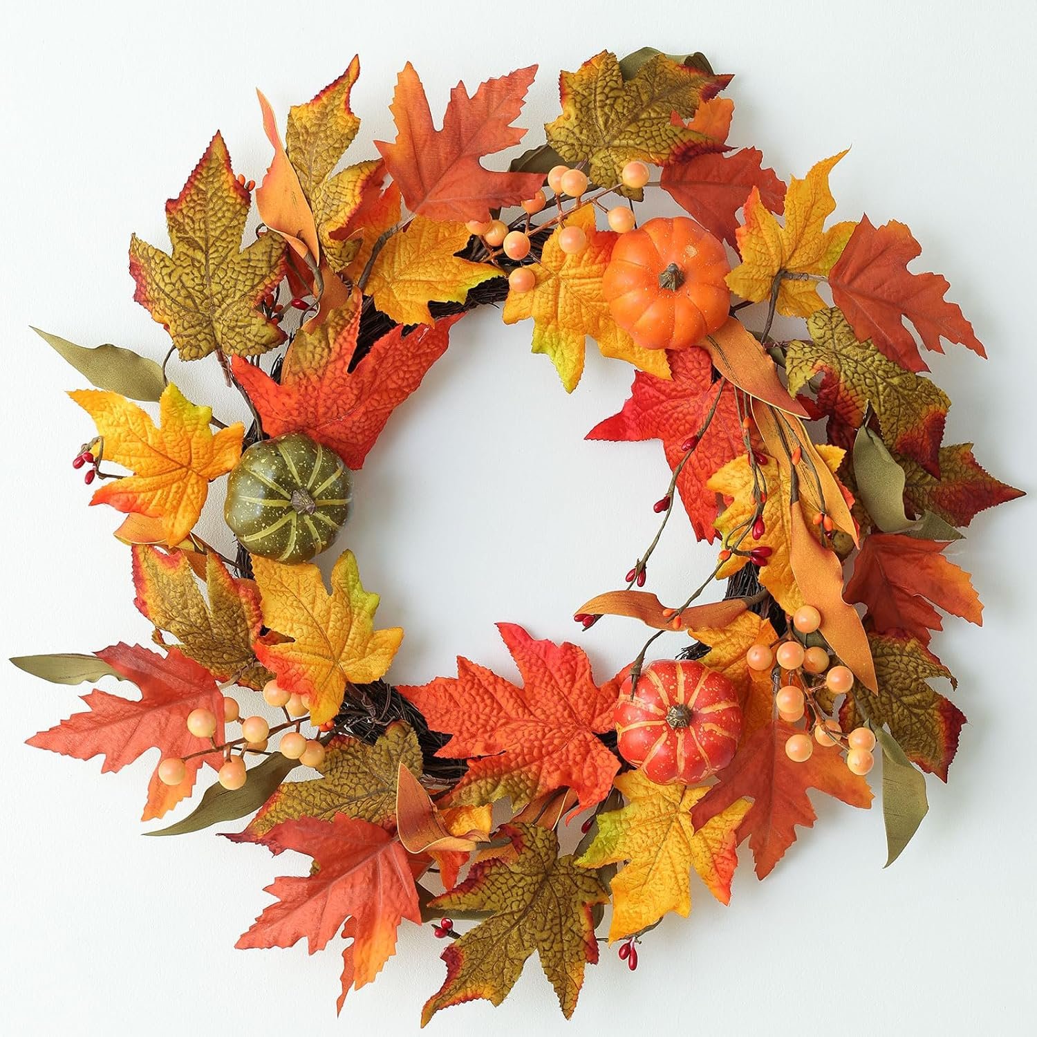 MIZII Fall Wreaths for Front Door 19 inch Yellow Fall Wreath with Artificial Maple Leaves Pumpkin Autumn Leaf Thanksgiving Halloween Harvest Door Decorations for Wall Porch Home Decor (Yellow)