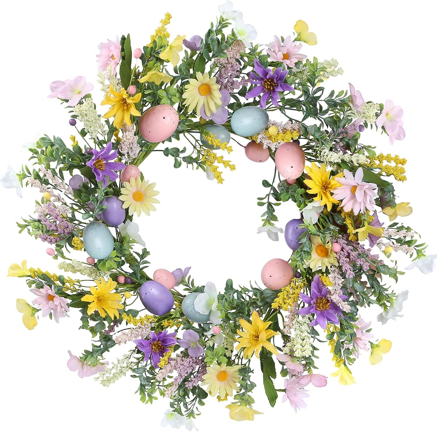 Sggvecsy 20 Inch Easter Wreath with Spring Artificial Flower Colorful Eggs Daisies Lavender Eucalyptus Leaves for Front Door Easter Summer Farmhouse Holiday Wall Home Window Decor