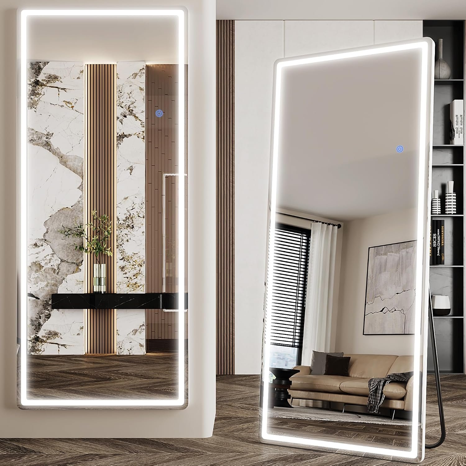 Antok LED Full Length Mirror with Light, 71″x28″ Lighted Full Body Mirror with Stand, Dimmable & 3 Color Lighting Standing/Leaning/Wall Mounted Vanity Mirror for Bedroom Cloakroom Livingroom(Rect)