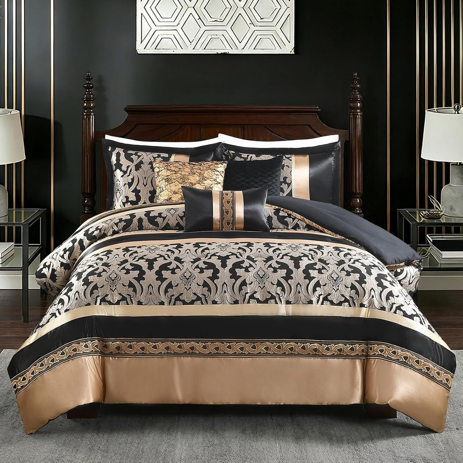 CozyDH Black and Gold Jacquard Comforter Set – 7 Piece Queen Luxury Damask Patchwork Design, All-Season Down Alternative Bedding with Bed Skirt, Shams, Decorative Pillows, 90×90 in
