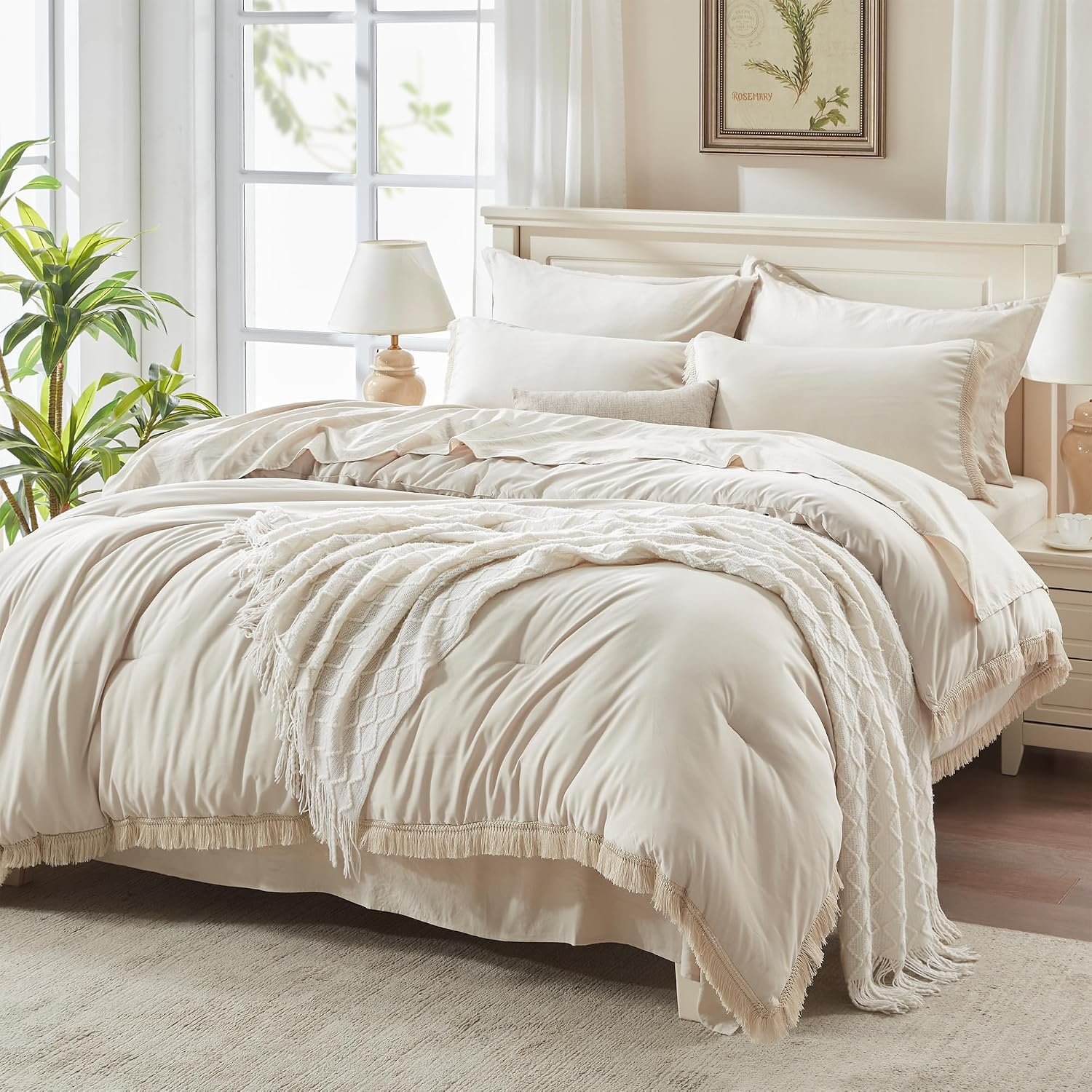 Andency Queen Comforter Set Beige -7 Pieces Bed in a Bag Queen Boho Soft Lightweight Bedding Sets, All Season Fluffy Fringe Bed Set with Comforter, Sheets, Pillowcases & Shams