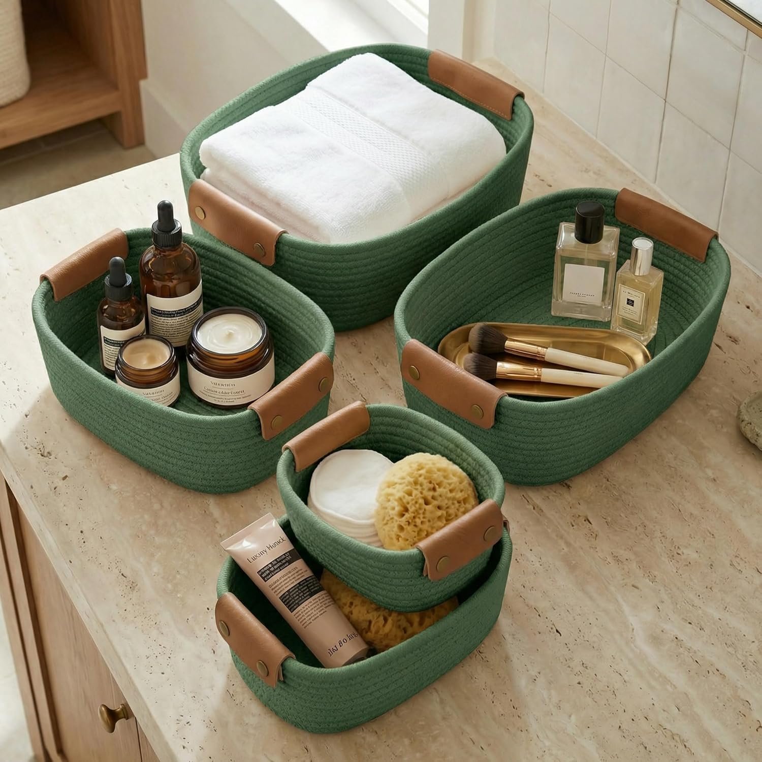 Beautiful Storage Basket Set of 5 – Sturdy Cotton Rope Baskets for Shelves Are Perfect for Organizing Your Home – Quality Storage Bins Easily Fit With Any Nursery or Bedroom Decor