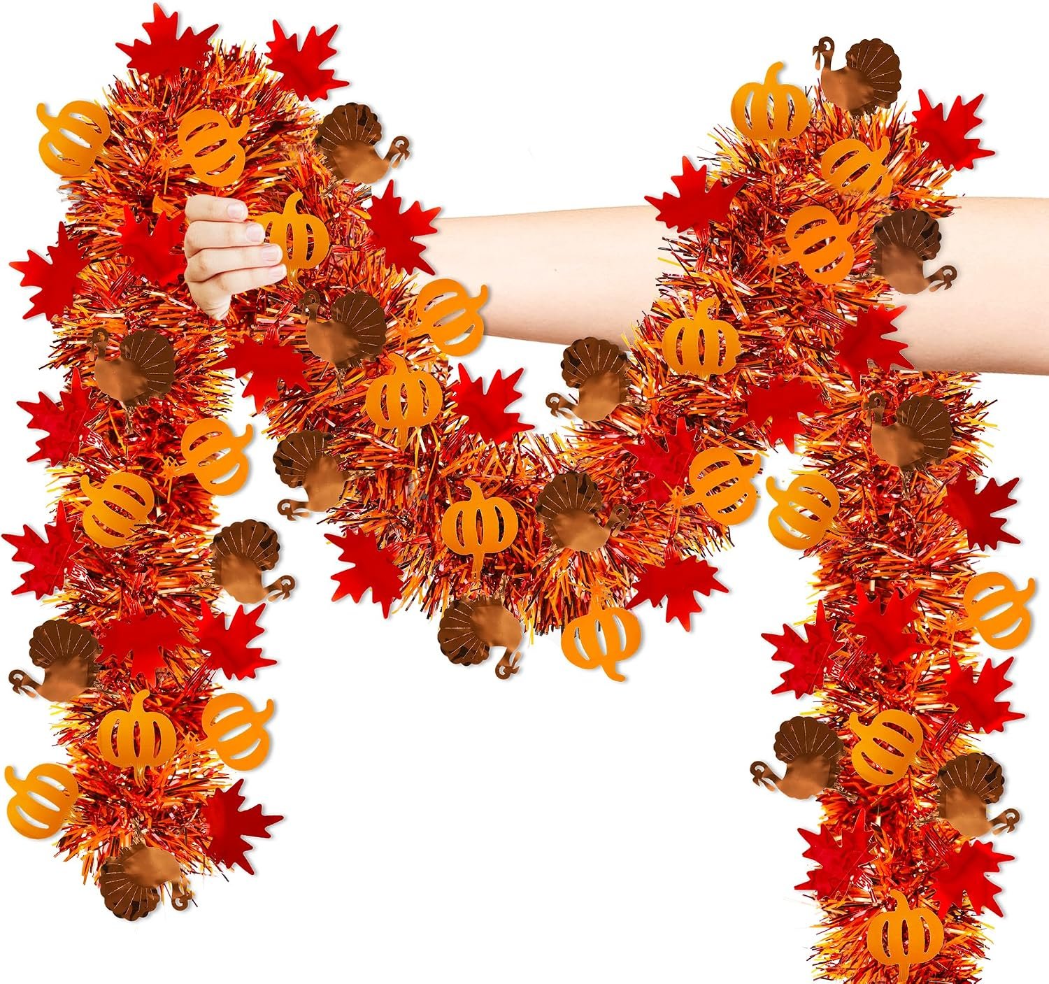 50FT Fall Thanksgiving Decorations, Fall Thanksgiving Tinsel Garland with Turkey Maple Leaf Pumpkin, Shiny Metallic Twist Thanksgiving Garland for Home Tree Mantle Indoor Outdoor Party Decorations