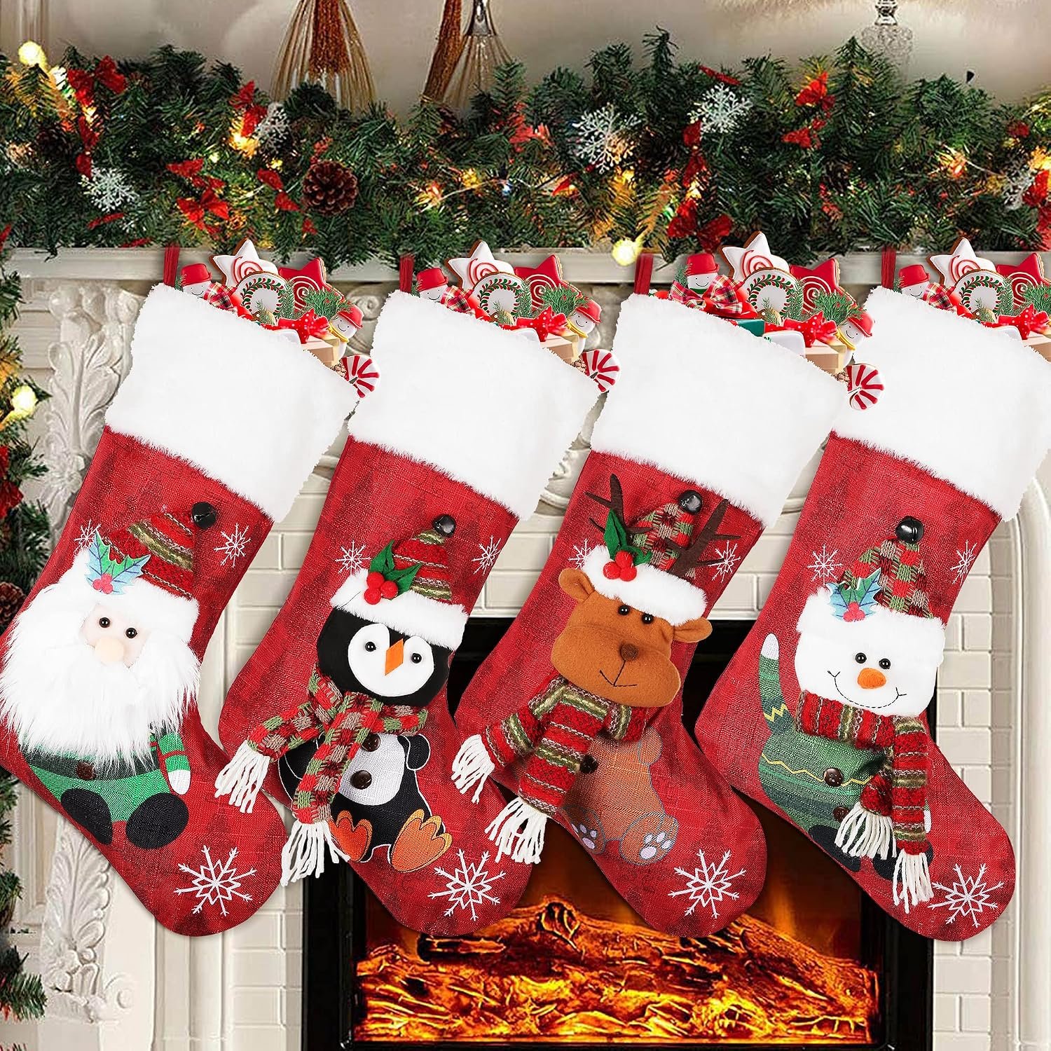 COOLWUFAN Christmas Stockings 4 Pack, 19” Xmas Stockings with Snowflake Santa Snowman Reindeer Penguin and Plush Faux Fur Cuff Stockings for Stairs Fireplace Hanging Xmas Home Decor