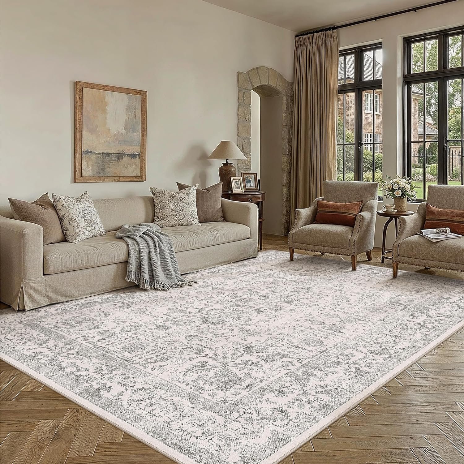 PureCozy Gray Area Rug 6×9 Machine Washable Vintage Living Room Distressed Non Slip Carpet Traditional Indoor Bedroom Grey Retro Floral Accent Throw Large Rug for Office Kitchen Dining Room