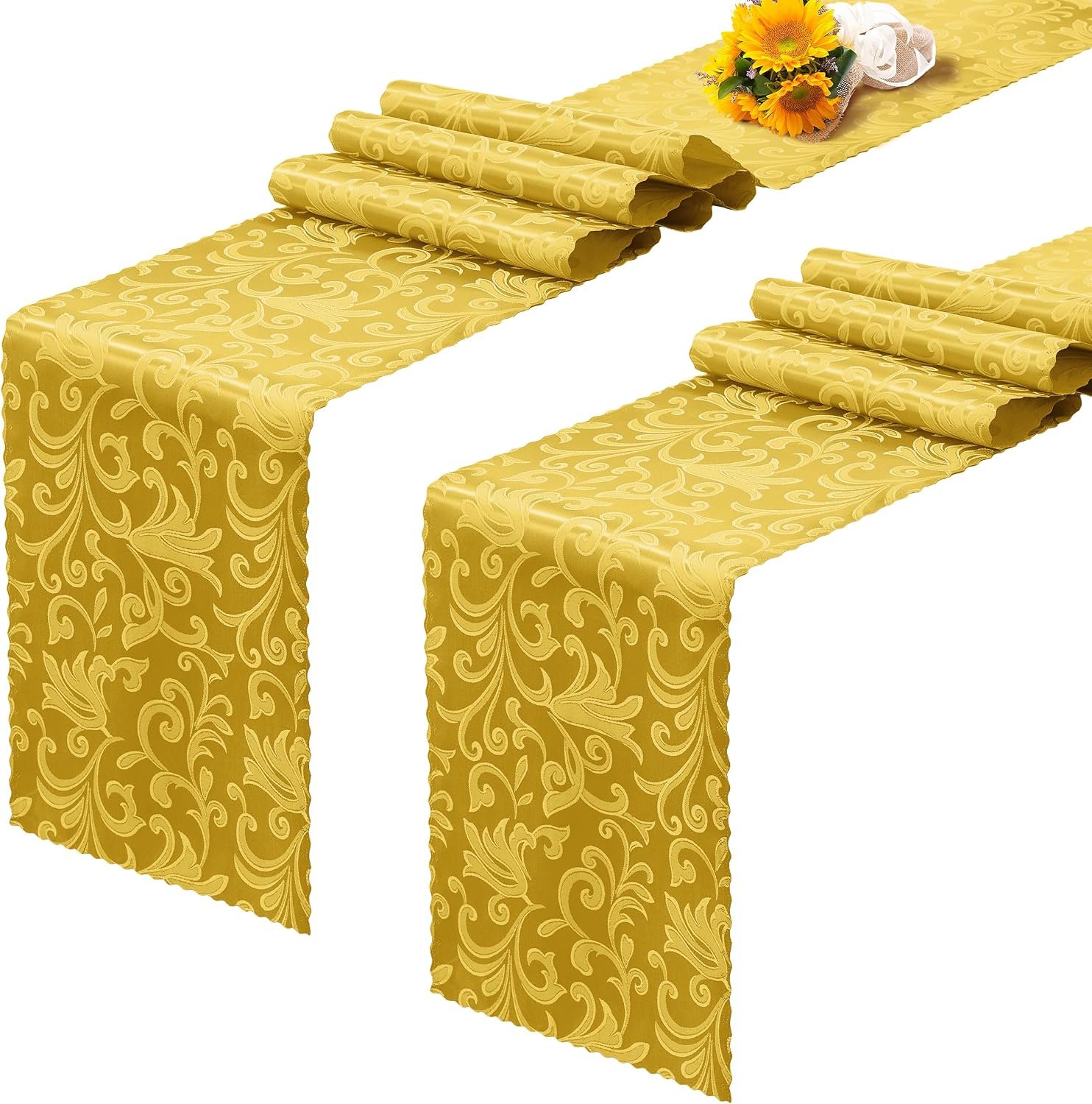 RUDONG M Gold Satin Table Runners, 12 x 108 Inch, 2 Pack | Long Silky Damask, Bright Smooth Jacquard, For Weddings, Banquet, Parties, Dining Table Decor