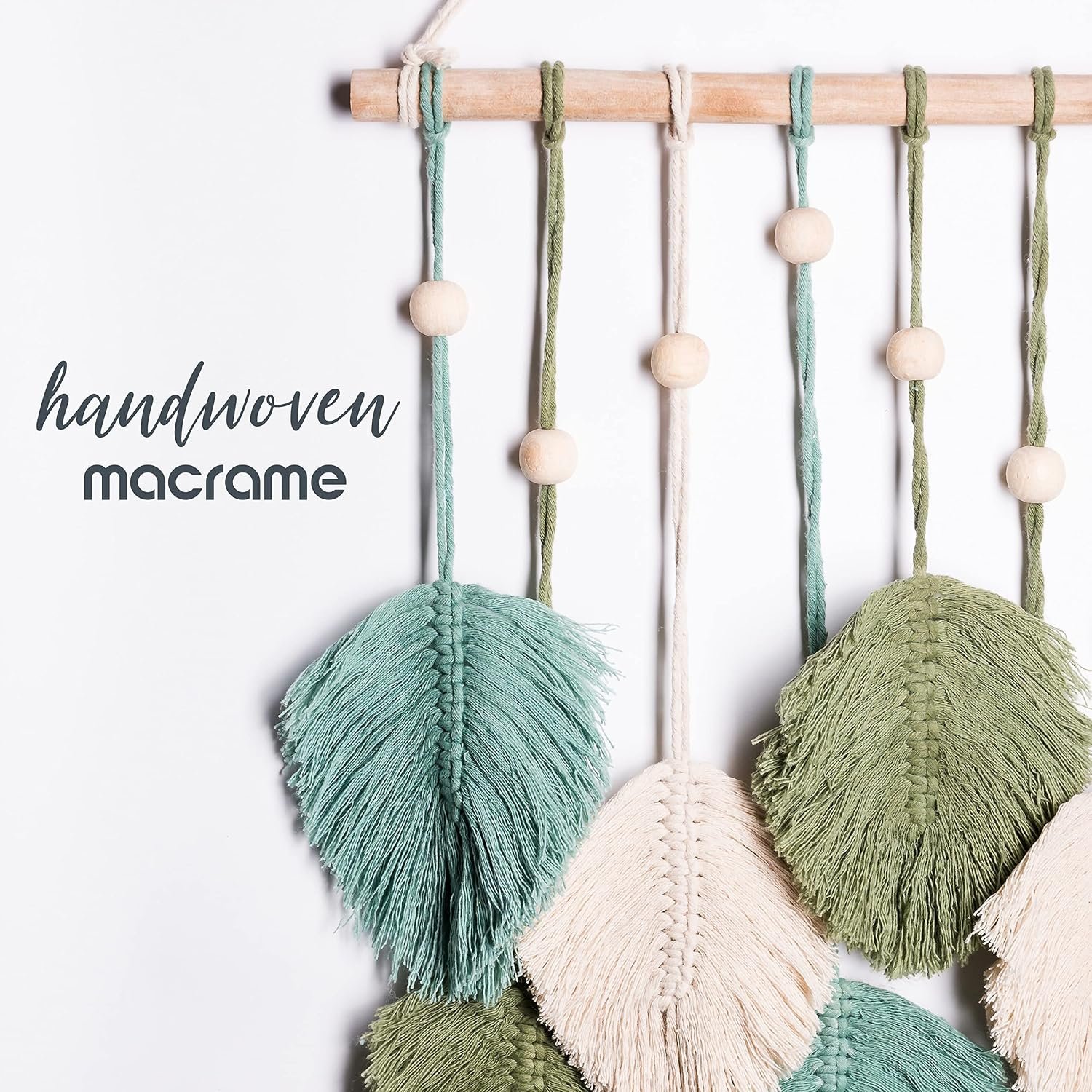 SnugLife Macrame Wall Hanging Leaves – Large Chic Feather Boho Decor, Handmade Yarn Woven Art Leaf Tapestry for Nursery, Bedroom, Living Room, 17 X 22 Inch (Green, Sage Green & Beige)