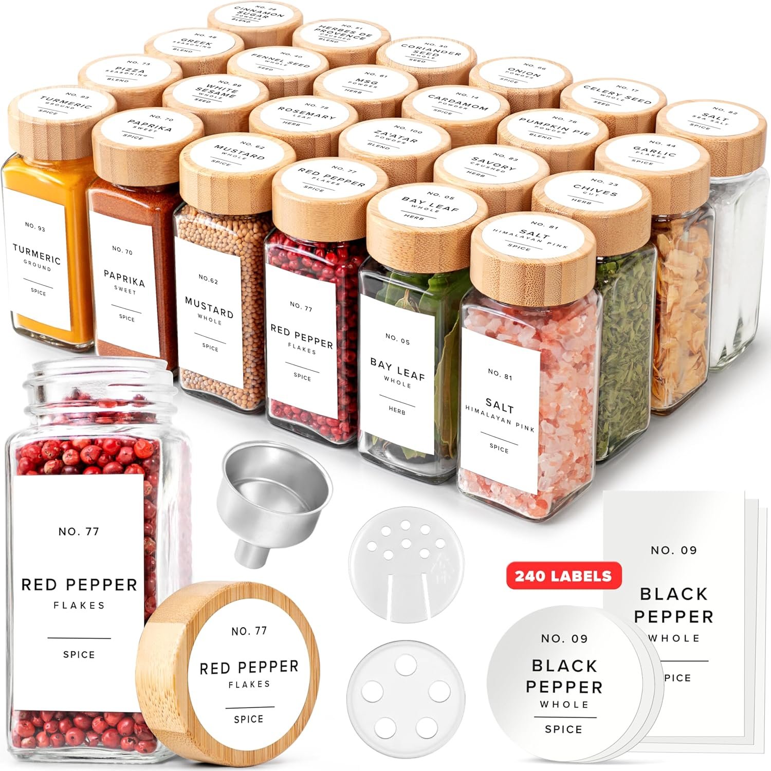 EDELHAUS® Square Spice Jars with Bamboo Wooden Lid (Pack of 24) Spice Jars with Shaker Insert and 240 Labels – Bamboo Lid Glass Container for Spice Organisation [4.3 in × 1.8 in]