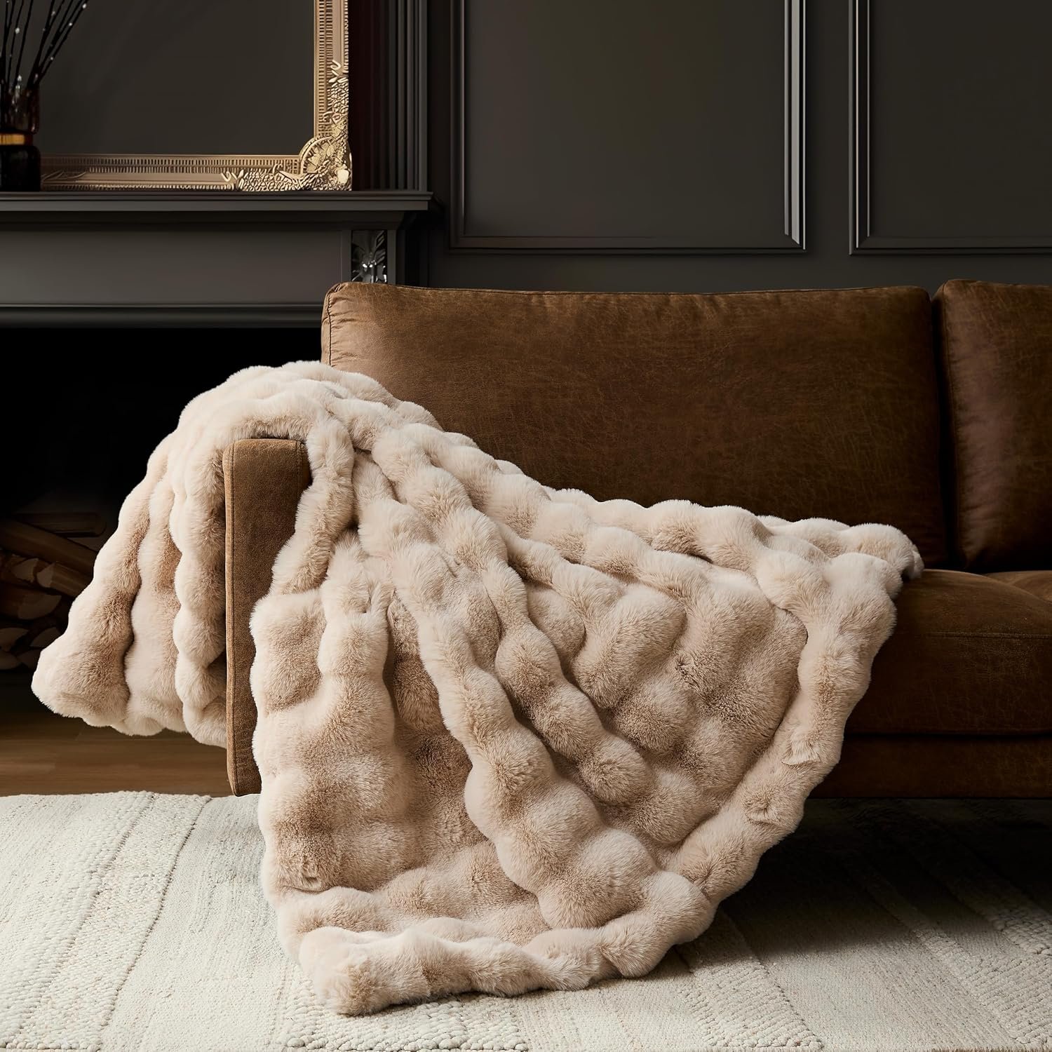WDCOZY Luxury Bubble Throw Blanket, Faux Fur Mink Plush Throw for Couch, Sofa and Bed, Soft Fluffy Fuzzy Furry Cozy Blanket, Thick and Warm, 50×60 inches, Beige Tan Taupe Camel, 950 GSM