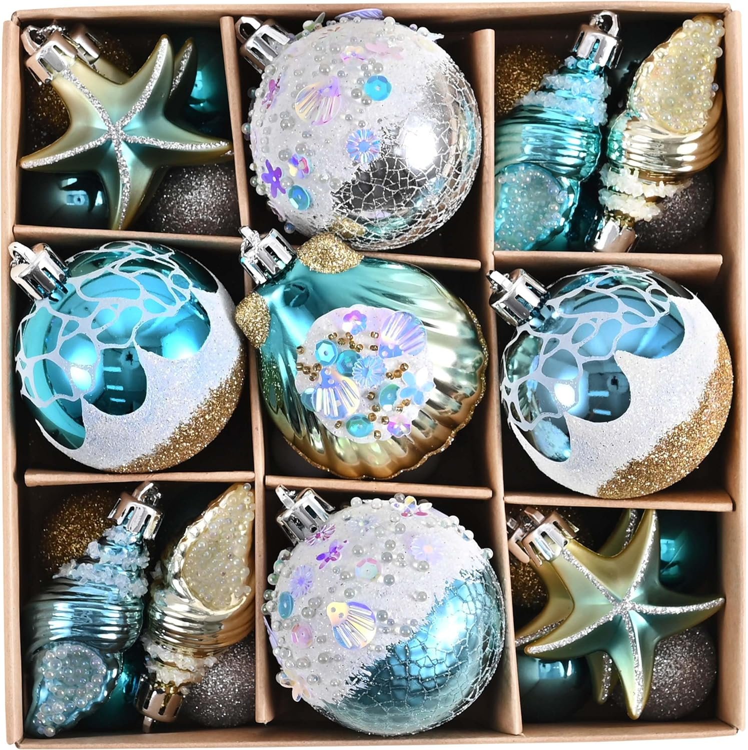 Valery Madelyn 35ct Summer Tree Ornaments Christmas in July Decorations | Teal Aqua Blue Shatterproof Beach Decor Nautical Ocean Themed Coastal Seashells Starfishs Conch Shell for Tropical Party