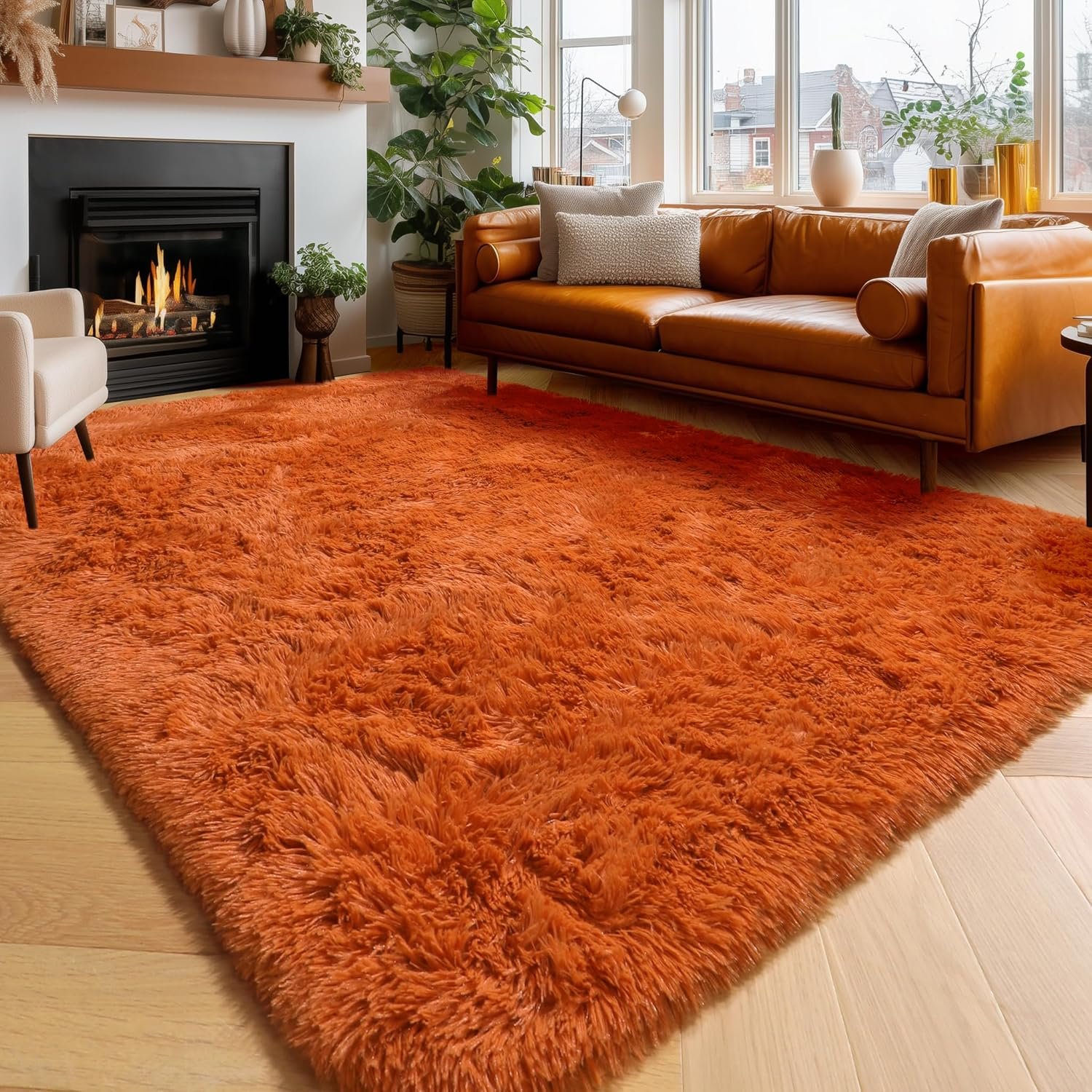 Amdrebio Burnt Orange Area Rugs for Living Room Bedroom, Fluffy Shaggy Fuzzy Thick Shag Rug 5×7 for Kids Room Decor, Modern Cute Plush Furry Dark Orange Carpet for Nursery Dorm Classroom Playroom
