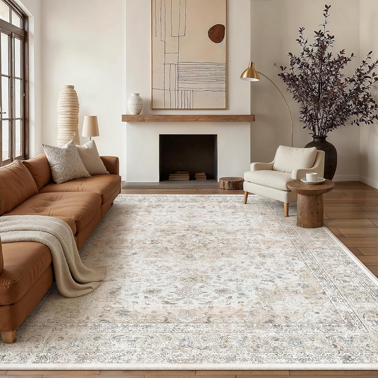 8×10 Washable Vintage Area Rug for Living Room Bedroom Beige Grey Soft Tranditional Non Slip Large Throw Rug Lightweight Floral Low Pile Distressed Carpet Office Playroom Dining Room