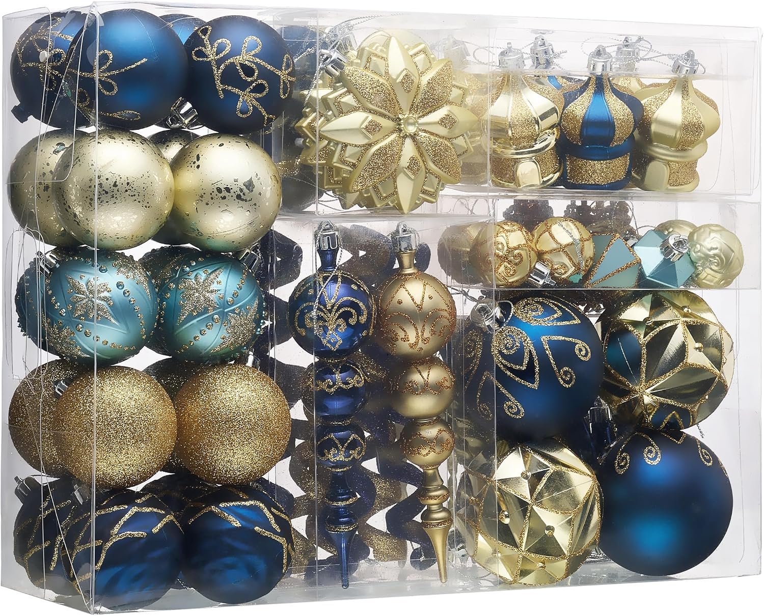 Valery Madelyn Christmas Tree Decorations Ornaments Set, 108ct Blue and Gold Shatterproof Ball Ornaments Bulk, Luxury Peacock Hanging Decor for Xmas Holiday Party