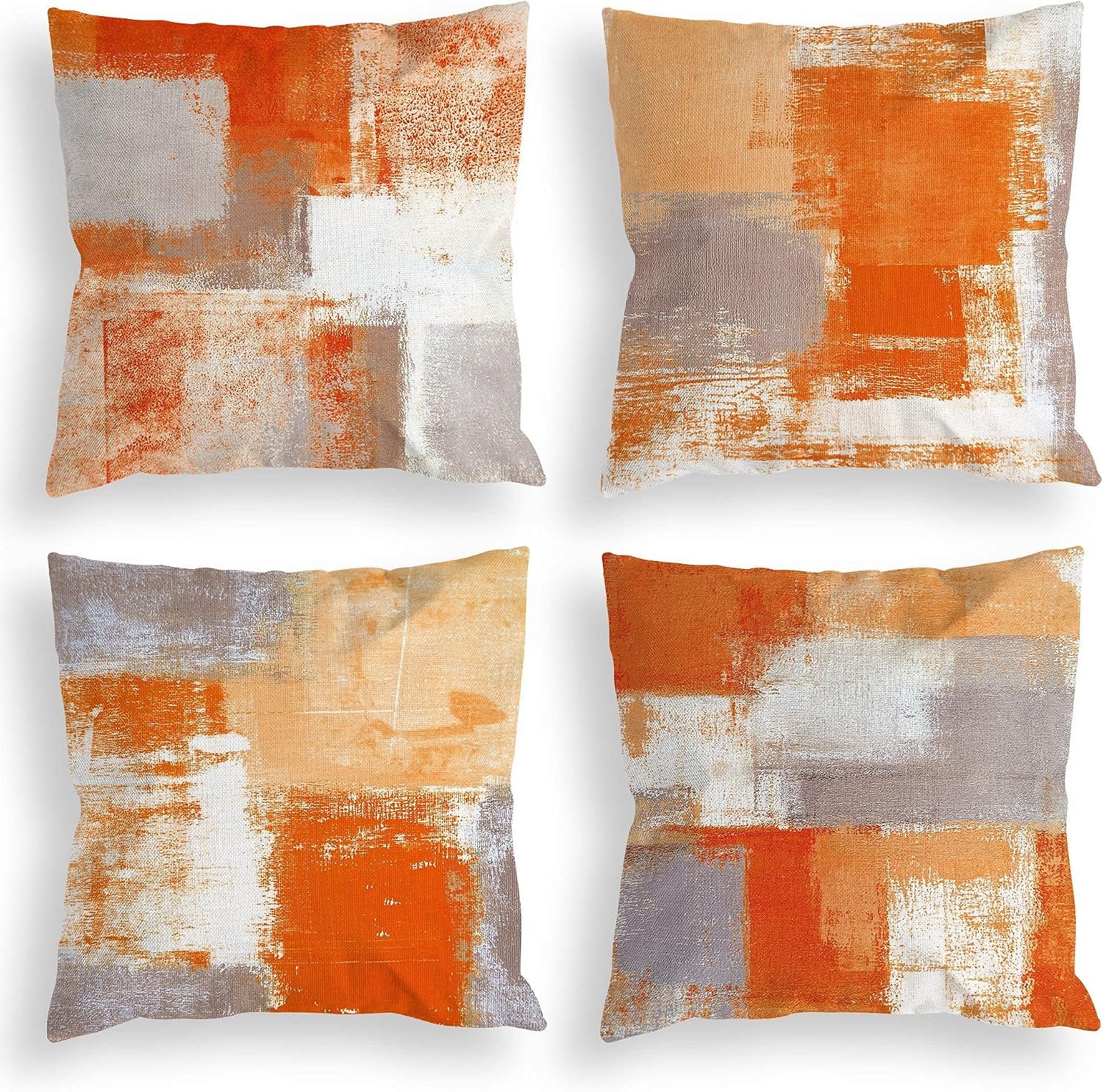 18×18 Throw Pillow Covers Set of 4 | Orange Grey Abstract Art Painting Pillowcase, Soft Decor Cushion Cases for Sofa Bedroom Living Room Home Decor