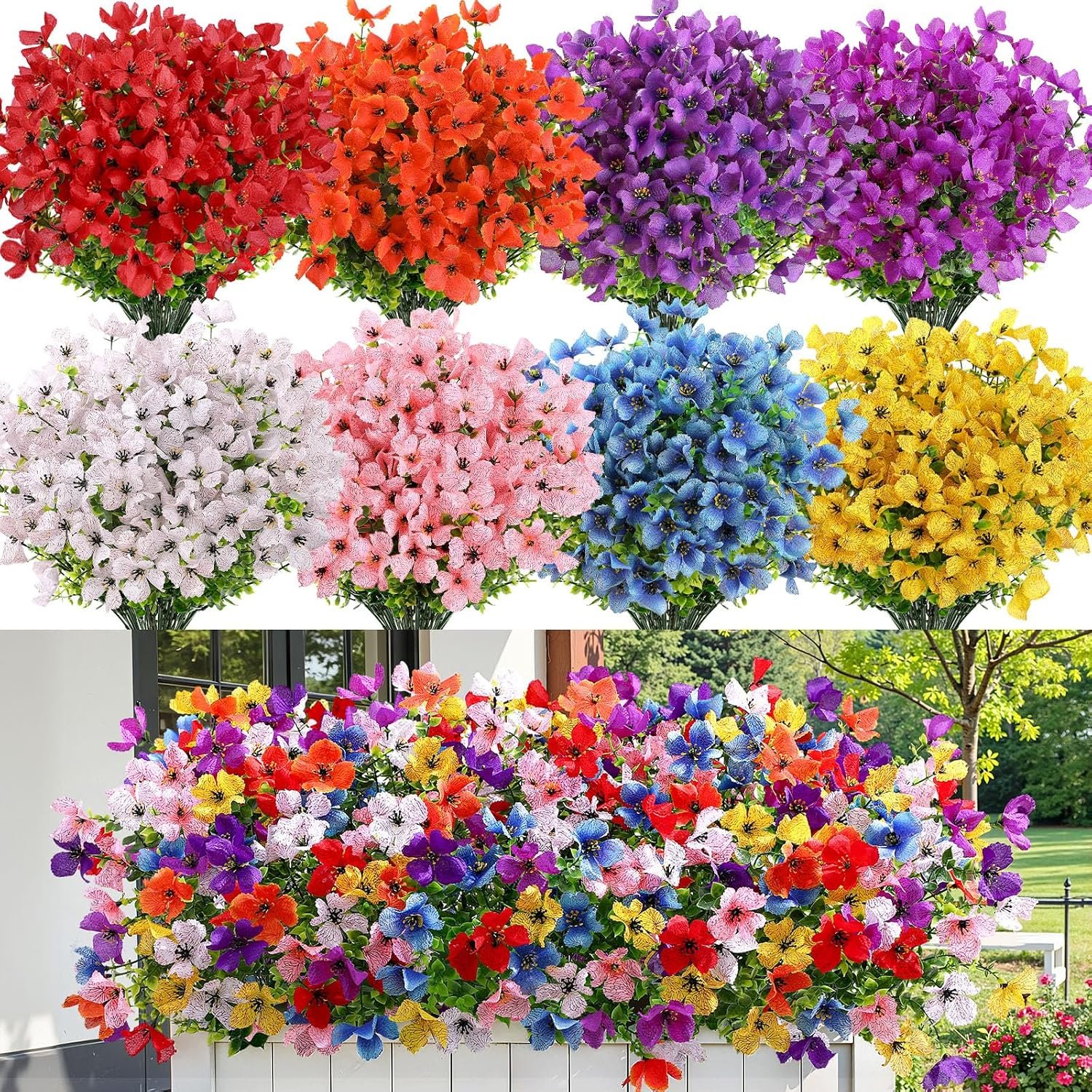 SHareconn Artificial Flowers Outdoors Decoration, Fake Silk mums Eucalyptus Realistic UV Resistant Faux Plants for Outside Indoor Planter Porch Yard Home Spring Decor 20 Bundles, Mix 8 Colors